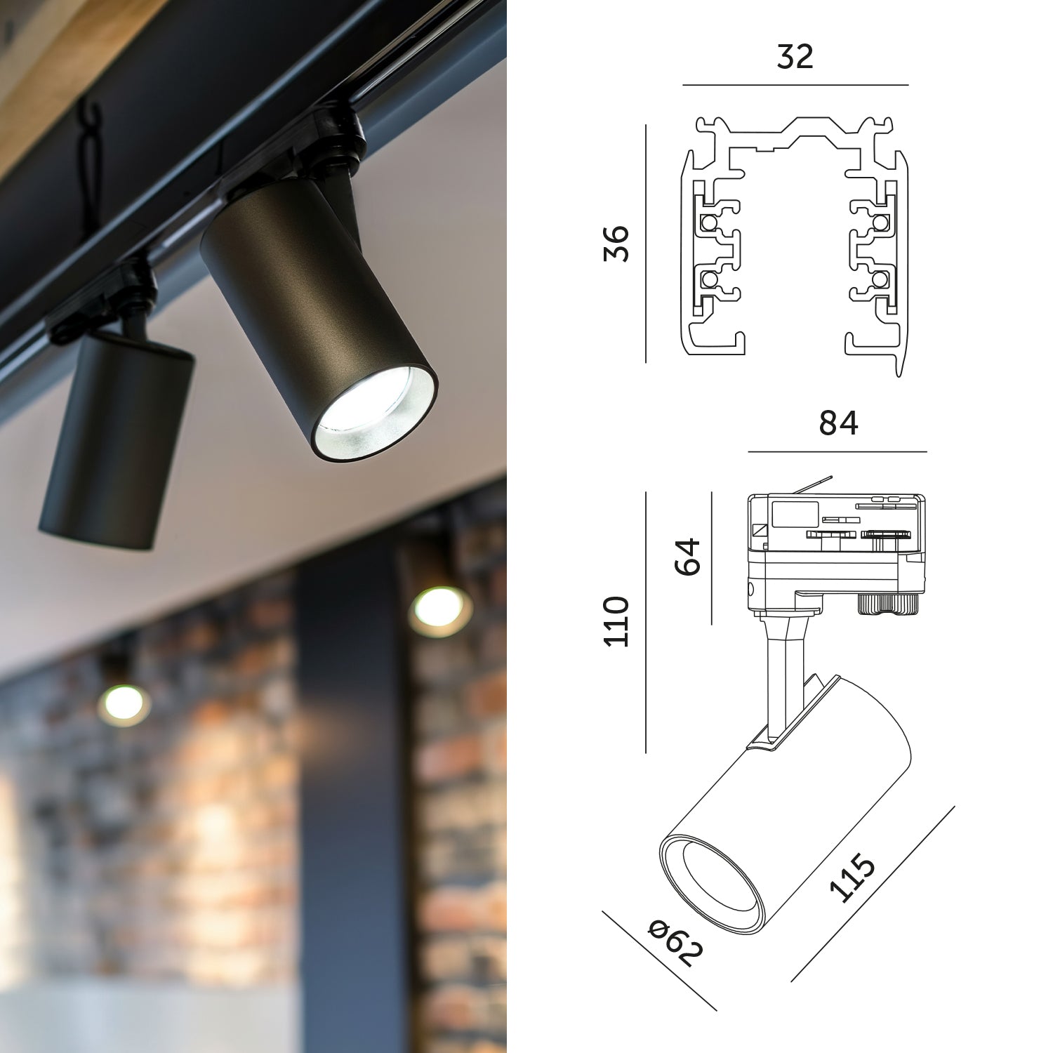 Zestaw szynowy 3 fazowy szyna 1m+1m, I zew., 6x Lampa, 2x zaślepka CZARNY