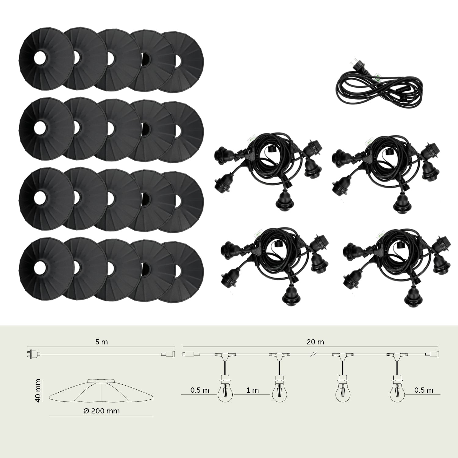 ZESTAW CRETE Girlanda ogrodowa 20m + kabel 5m + 20x klosz czarny M1