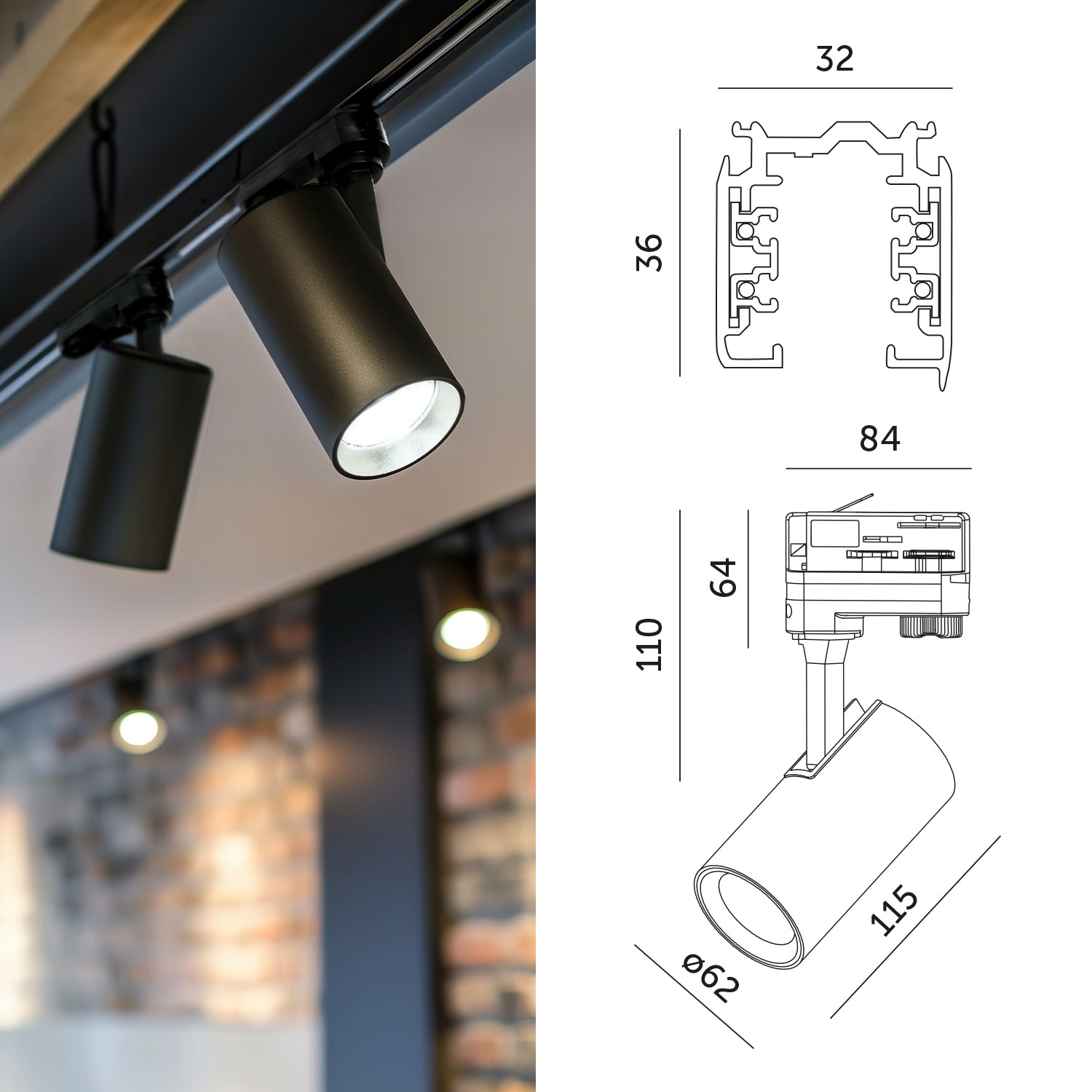 Zestaw szynowy 3 fazowy szyna 1m+1m, I zew., 4x Lampa, 2x zaślepka CZARNY