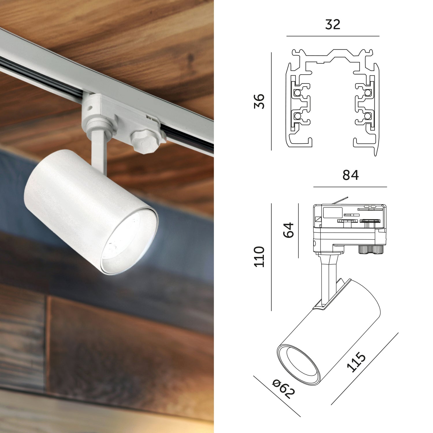 Zestaw szynowy 3 fazowy szyna 1m+1m, I zew., 4x Lampa, 2x zaślepka BIAŁY