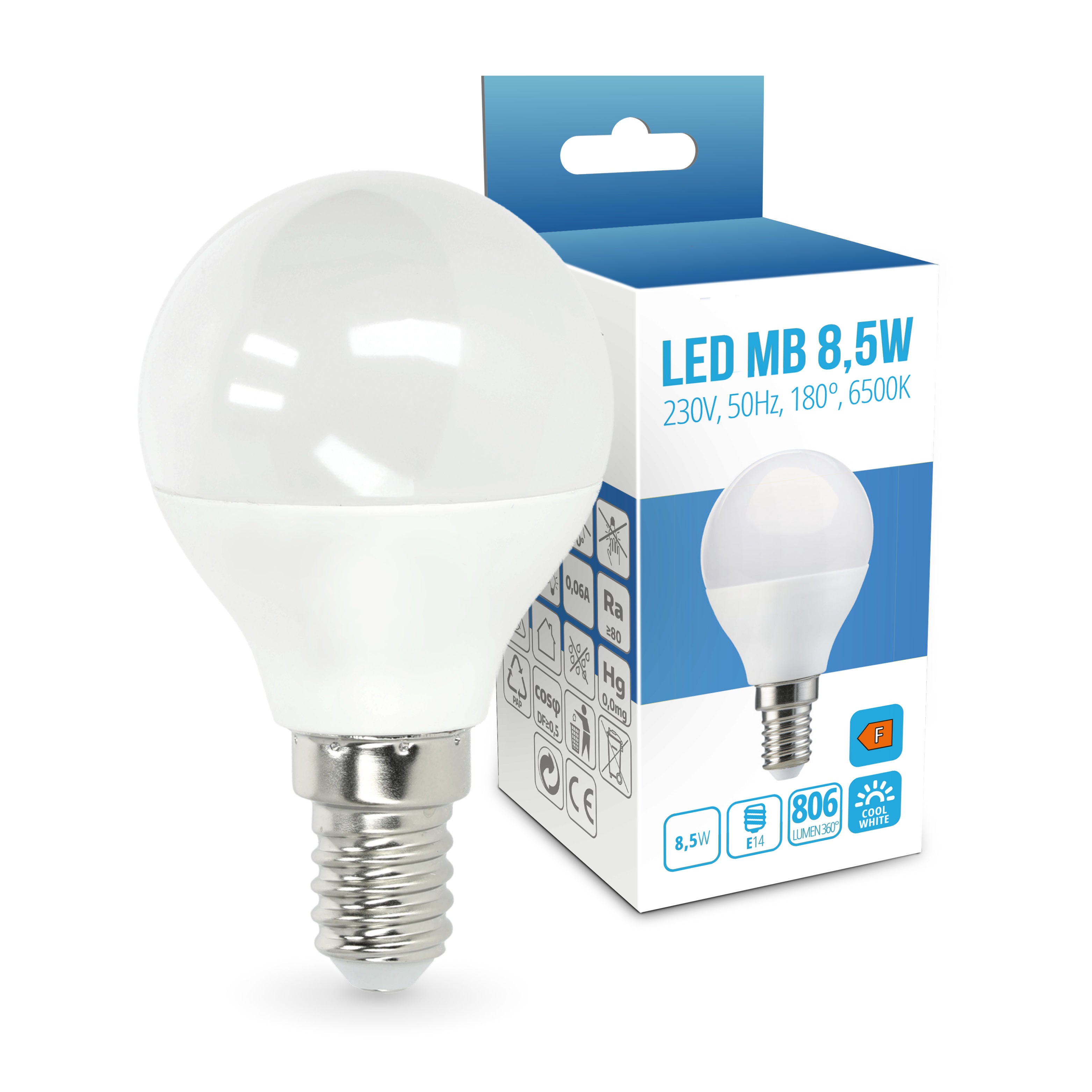 10x Żarówka LED MB 8,5W Barwa Biała Zimna E14 6500K 180 stopni 806lm