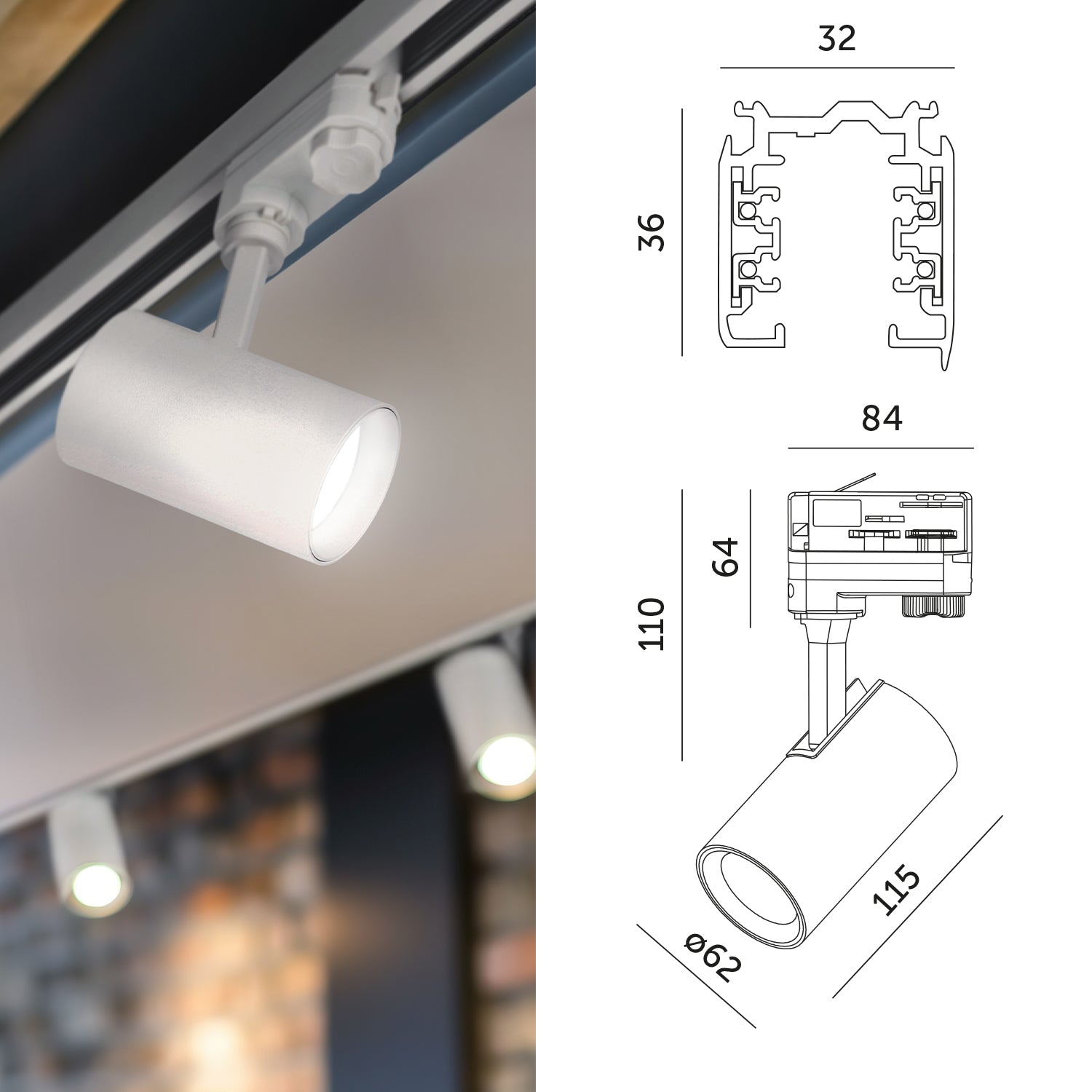 Zestaw szynowy 3 fazowy szyna 3x1m, Łącznik T, 6x Lampa, 3x zaślepka BIAŁY