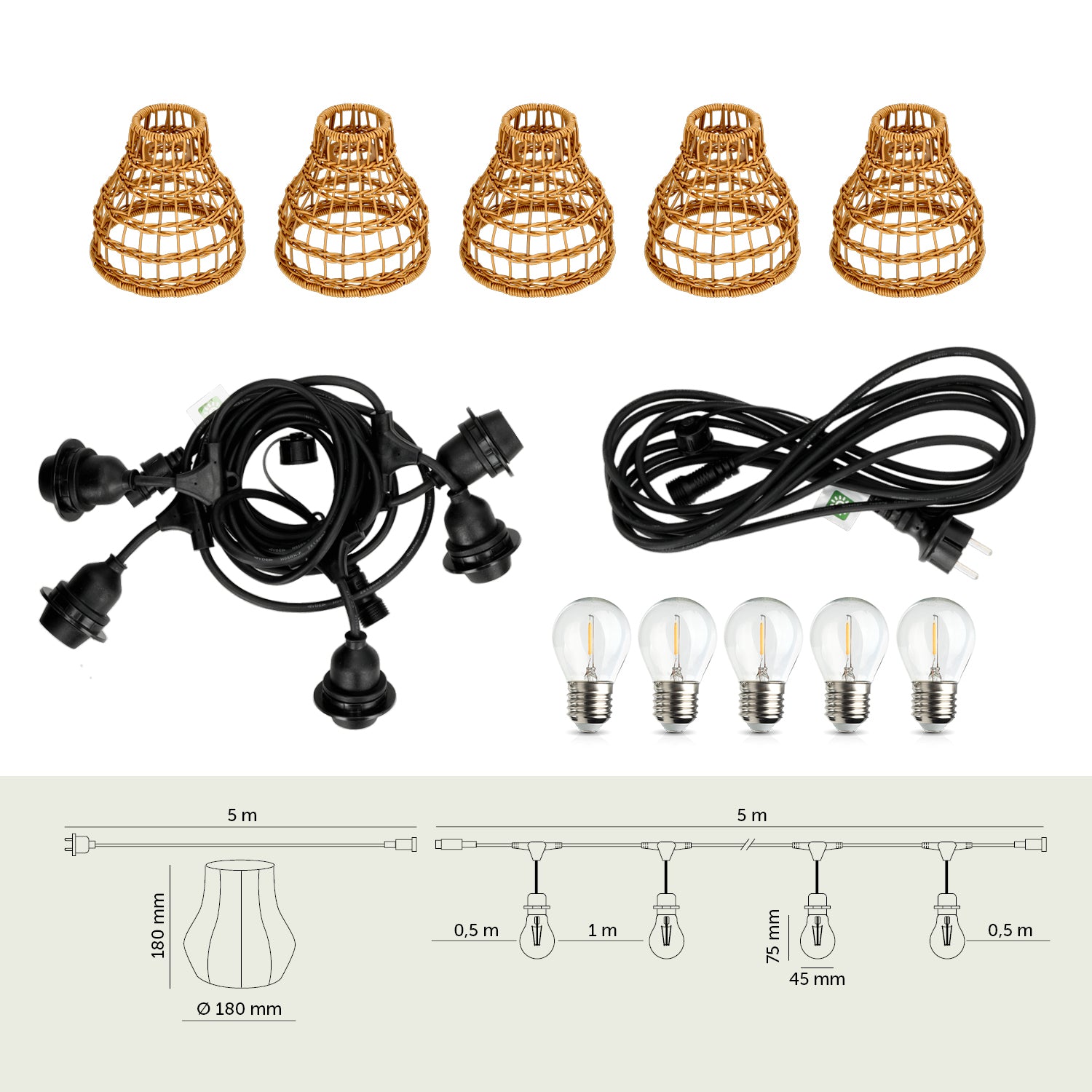 ZESTAW CRETE Girlanda ogrodowa 5m + kabel 5m + 5x klosz R1 + żarówki