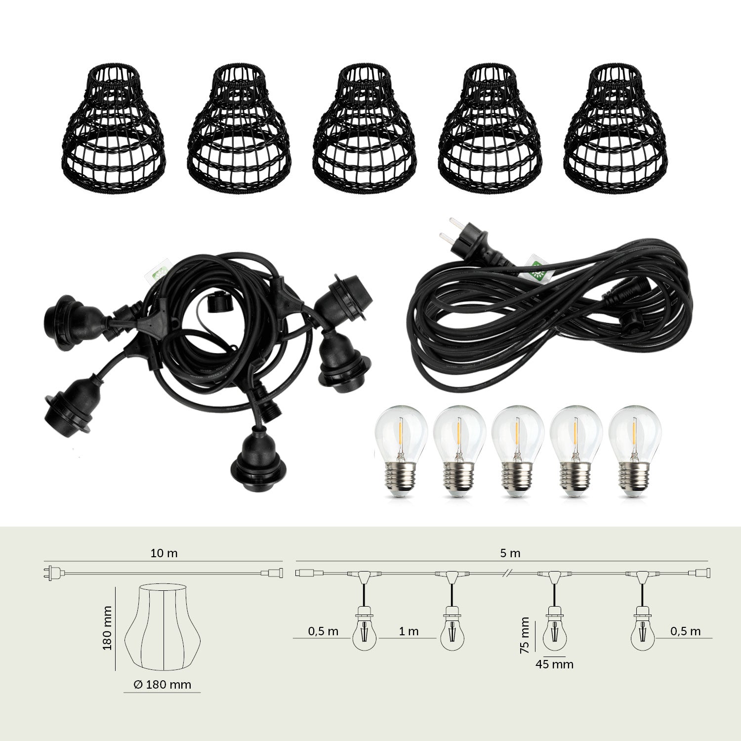 ZESTAW CRETE Girlanda ogrodowa 5m + kabel 10m + 5x klosz czarny R2 +żarówki