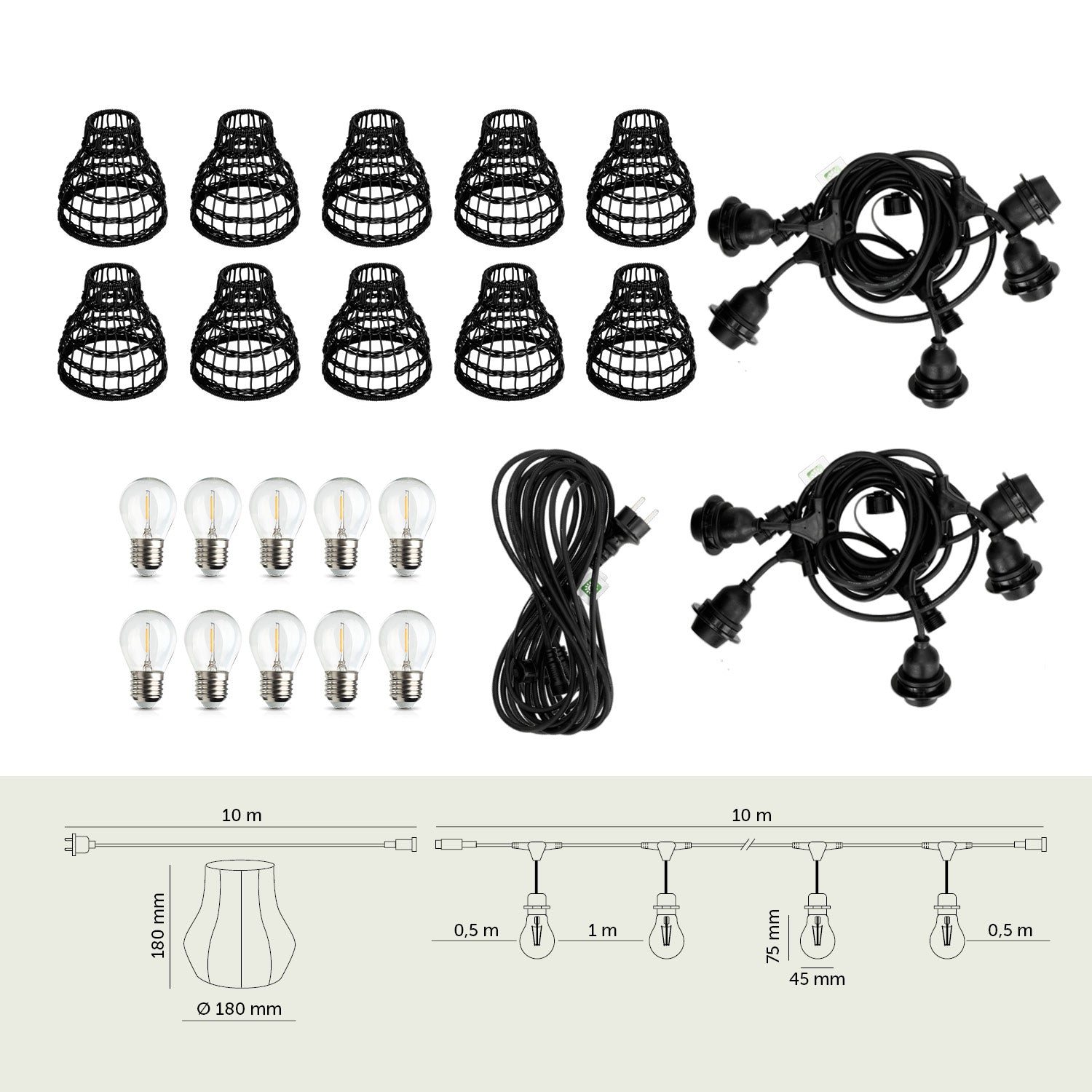 ZESTAW CRETE 2x Girlanda ogrodowa 5m + kabel 10m + 10x klosz czarny R2 +LED