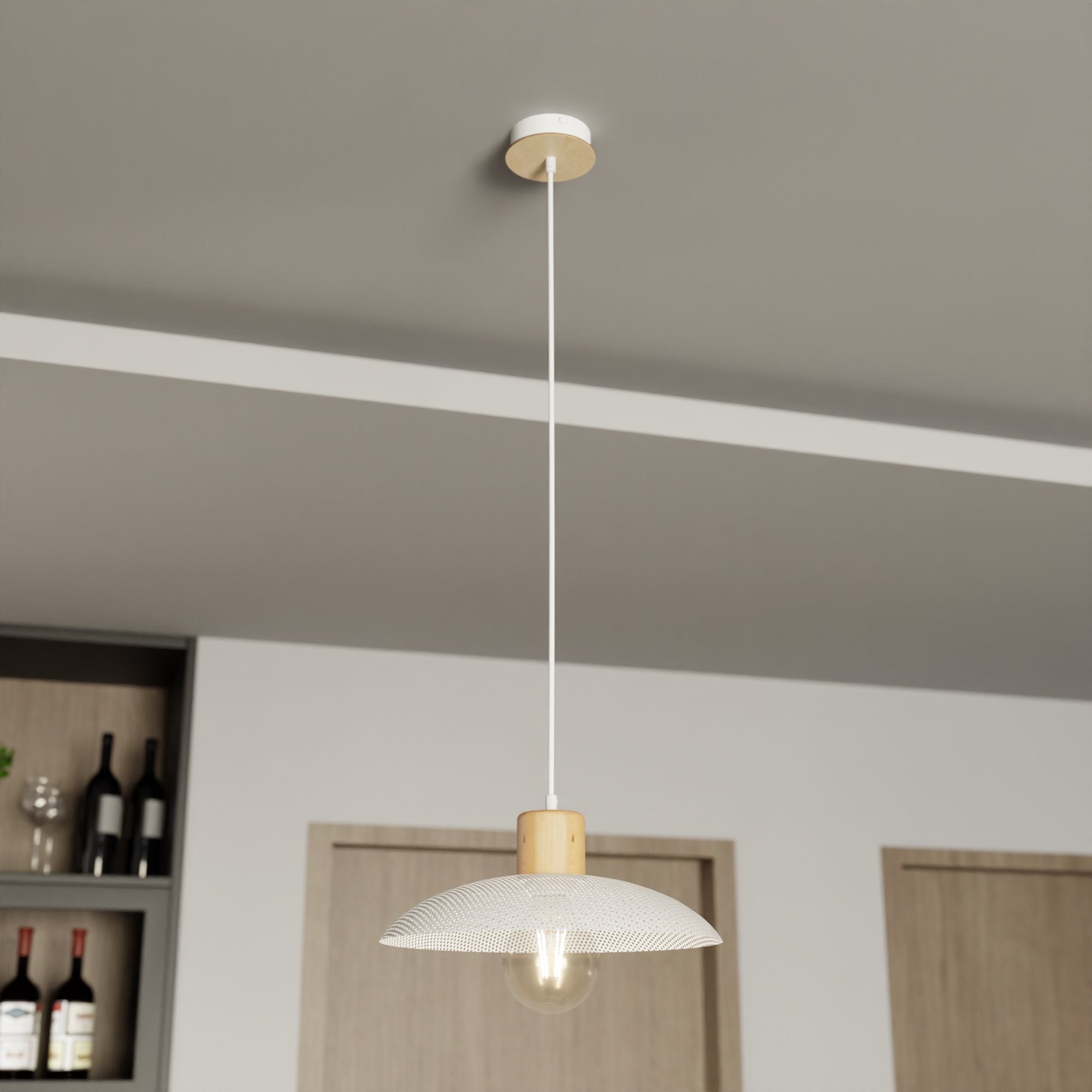 Lampa sufitowa metalowy klosz drewno NELI wisząca ZWIS BIAŁA 1xE27