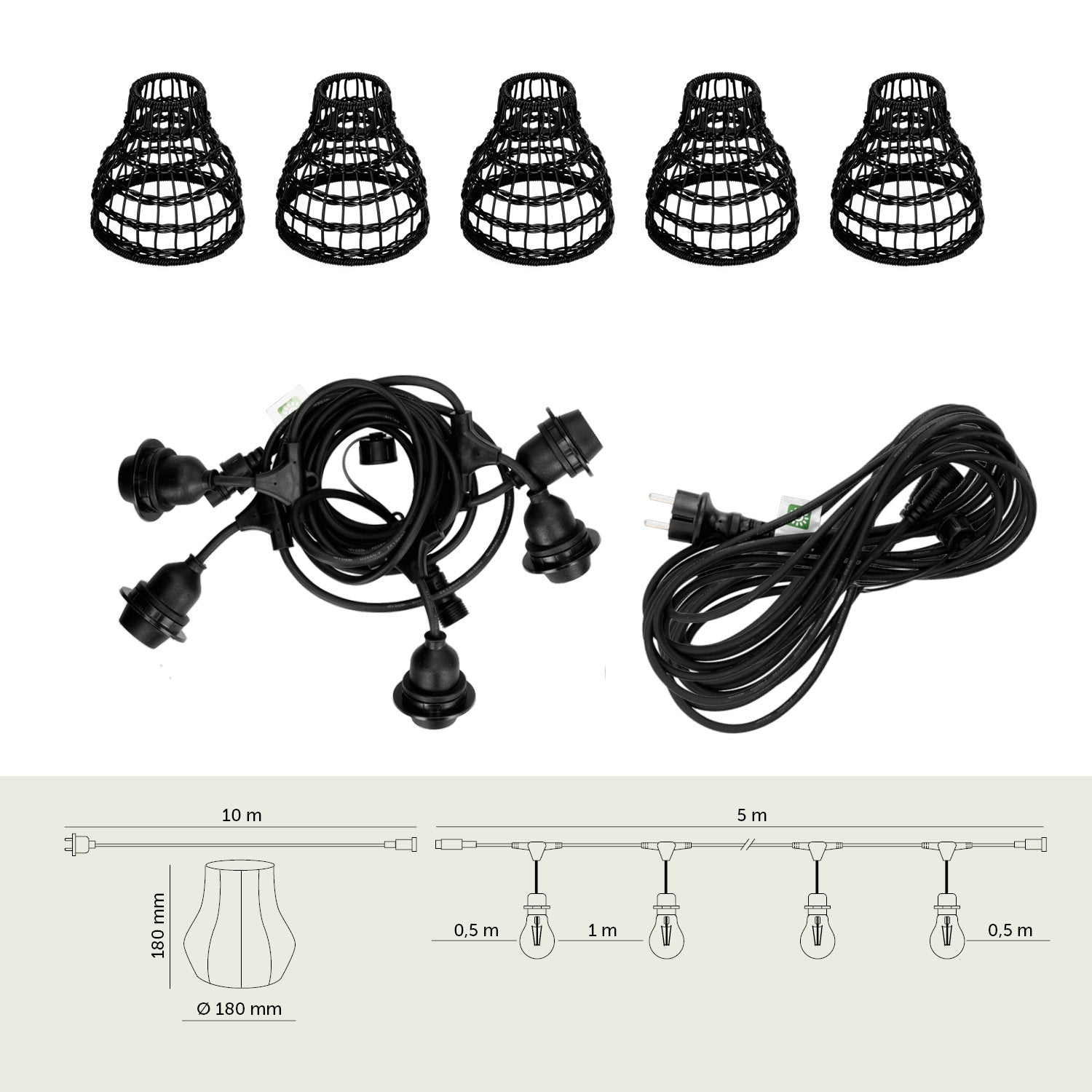 ZESTAW CRETE Girlanda ogrodowa 5m + kabel 10m + 5x klosz czarny R2