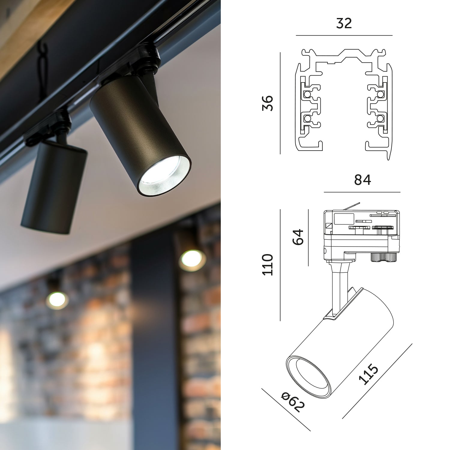 Zestaw szynowy 3 fazowy szyna 2m+2m, I zew., 8x Lampa, 2x zaślepka CZARNY