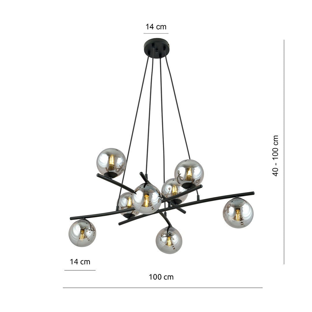 Lampa wisząca CZARNA NICEA regulowana KLOSZ GRAFITOWY 8 punktów światła E14