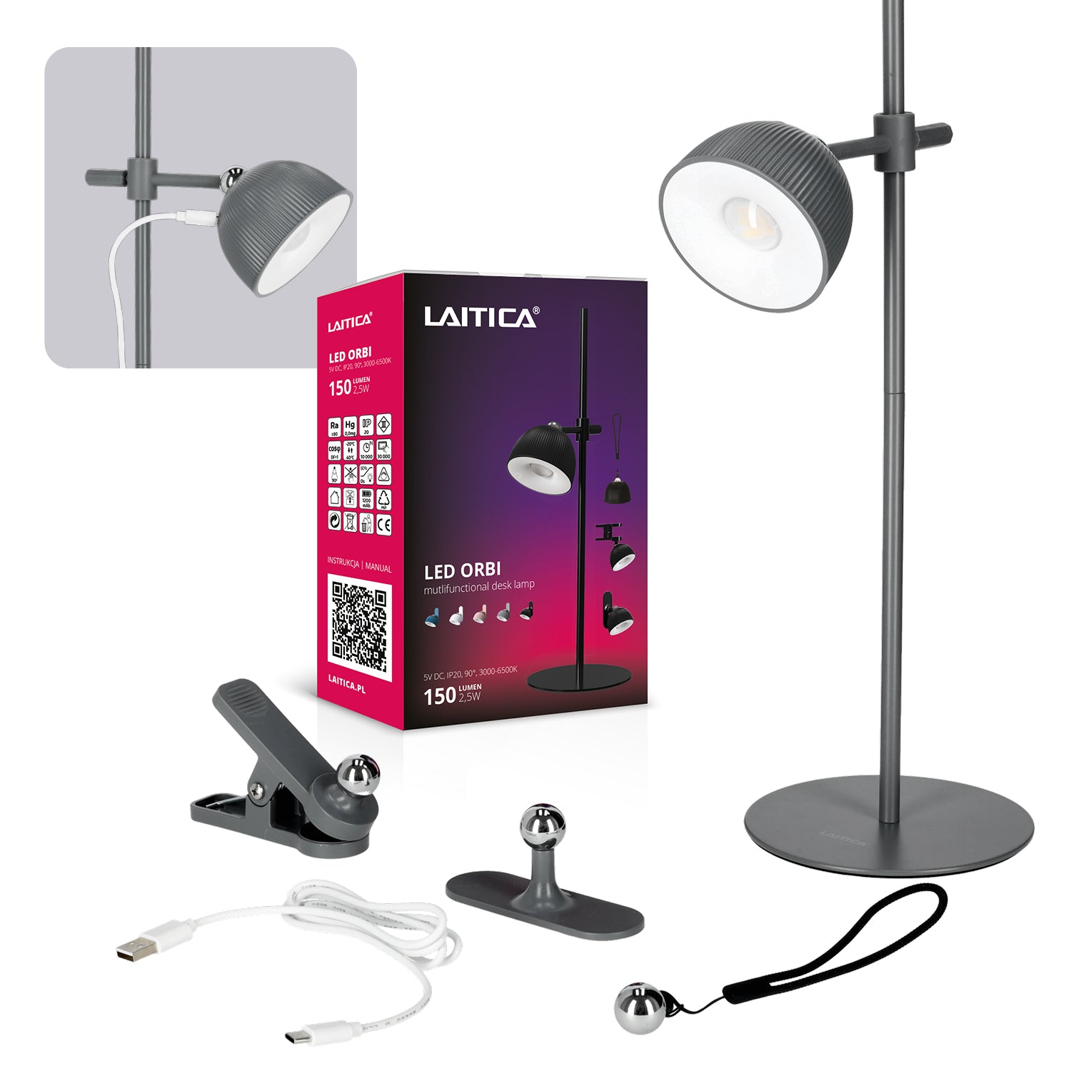 Lampka LED ORBI 2,5W na klik REGULACJA BARWY ŚWIATŁA USB 4w1 SZARA