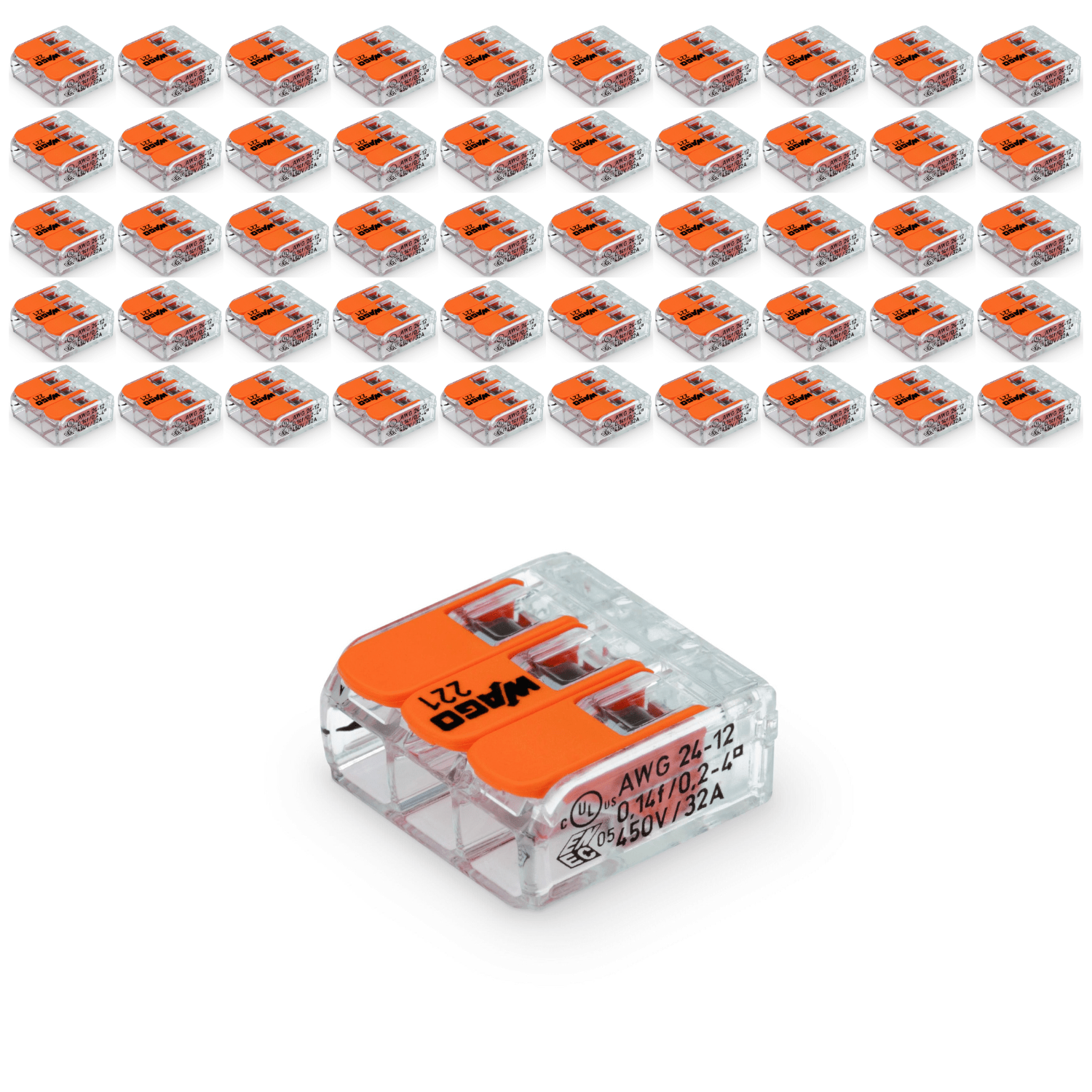 50x Szybkozłączka WAGO 3 gniazda 0,14 - 4mm 221 - 413 złączka zaciskowa ZESTAW - LAITICA