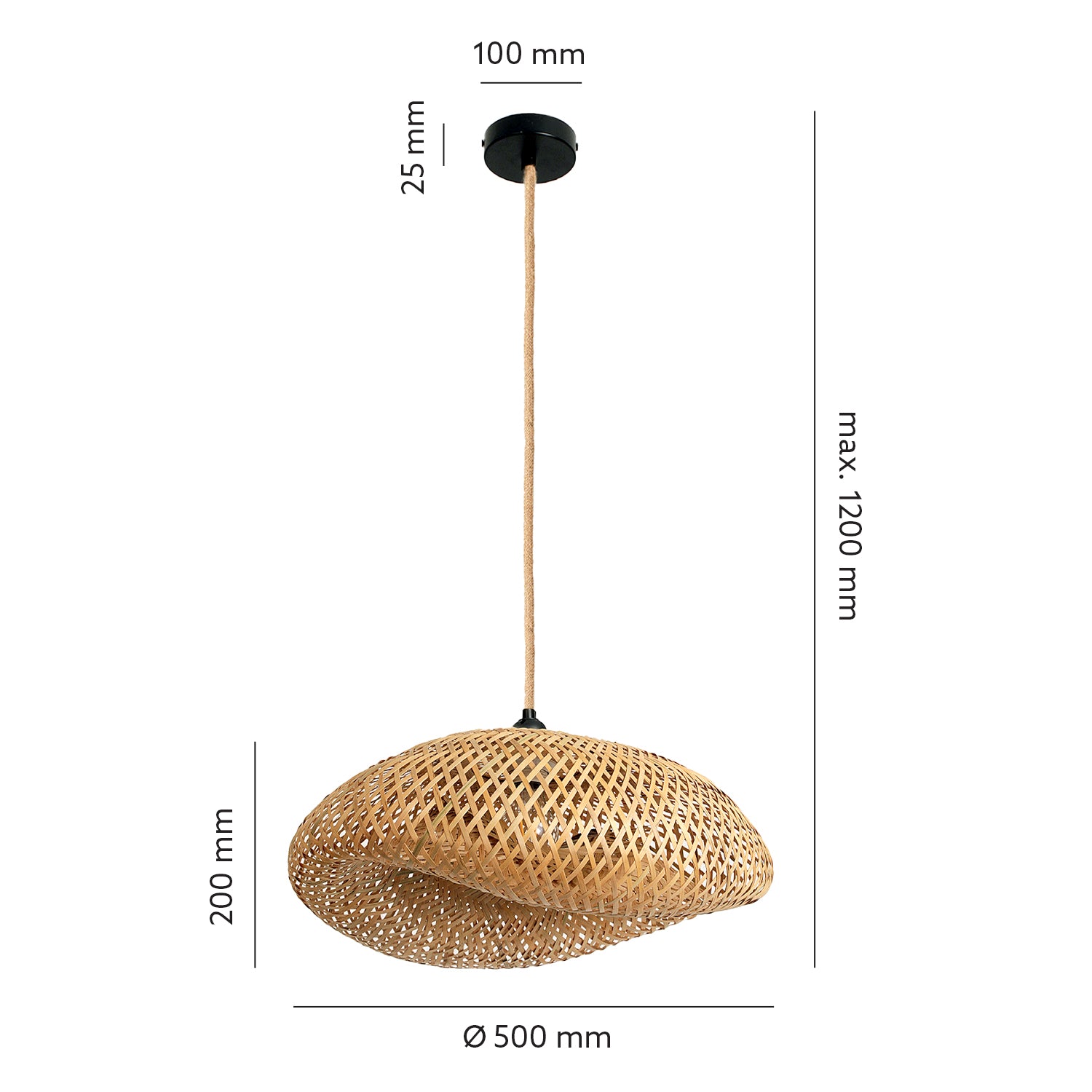 Lampa wisząca BRUGIA M E27 boho BAMBUS Czarna podsufitówka Naturalna Sznur