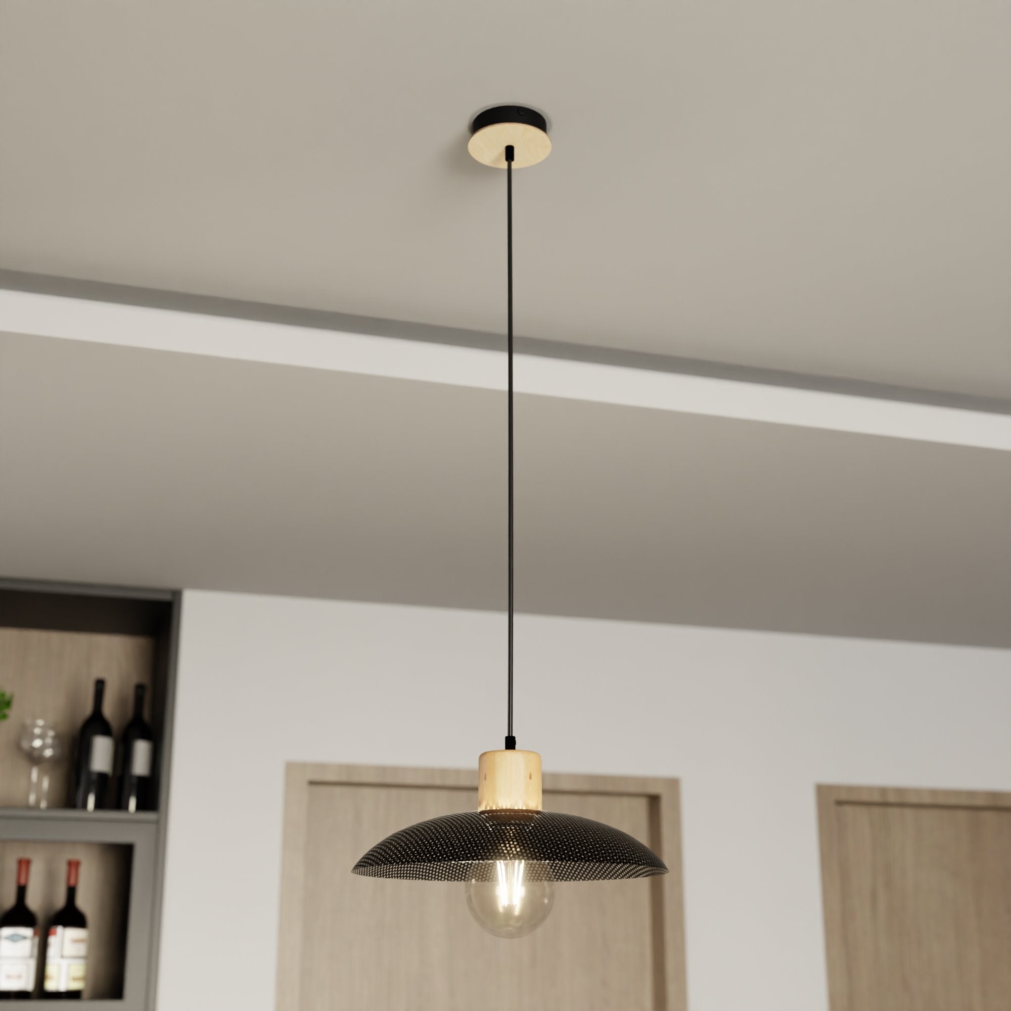 Lampa sufitowa metalowy klosz drewno NELI wisząca ZWIS czarna 1xE27