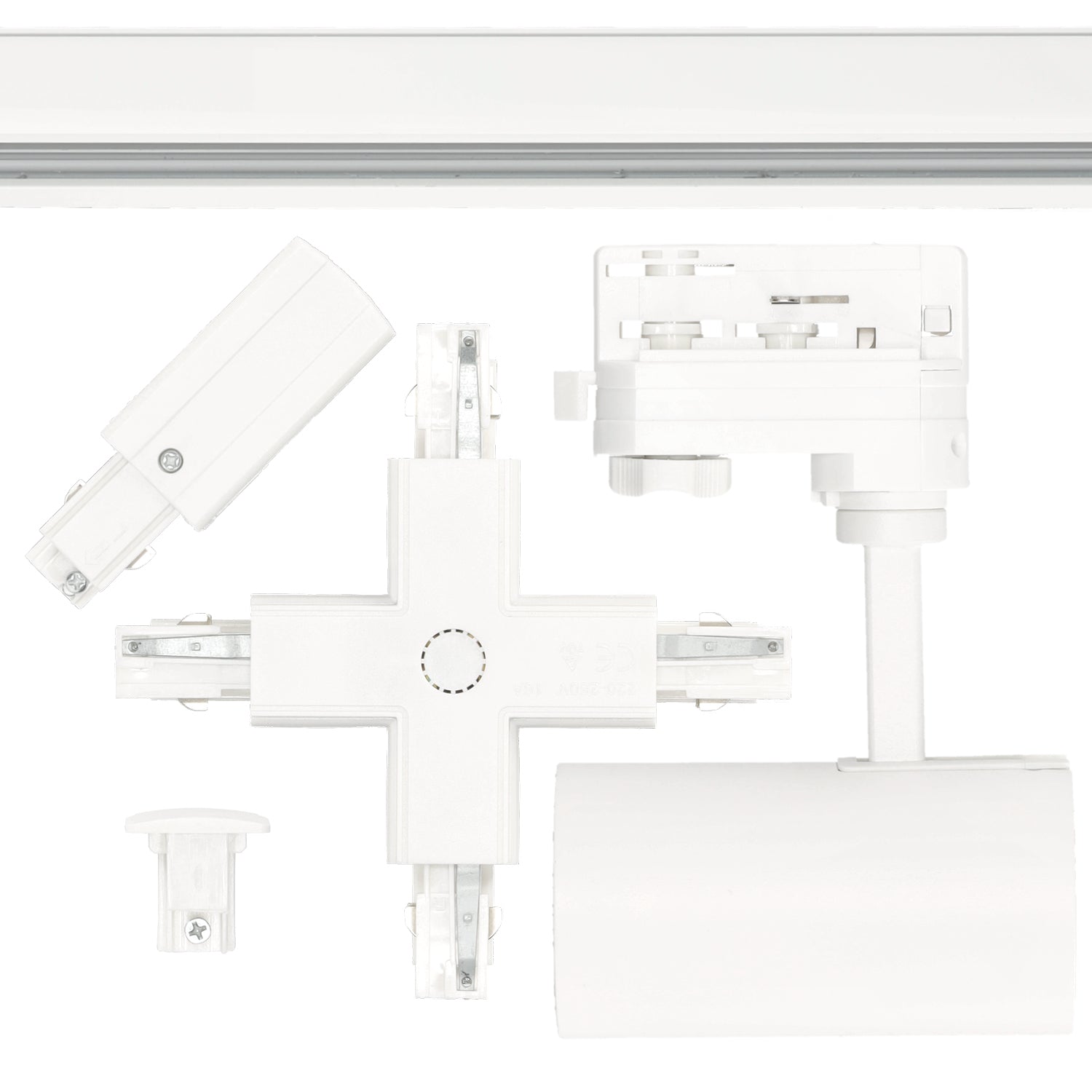 Zestaw szynowy 3 fazowy 12x Lampa GU10 + 4x szyna 1m + łącznik X + zasilanie + 3x zaślepka BIAŁY