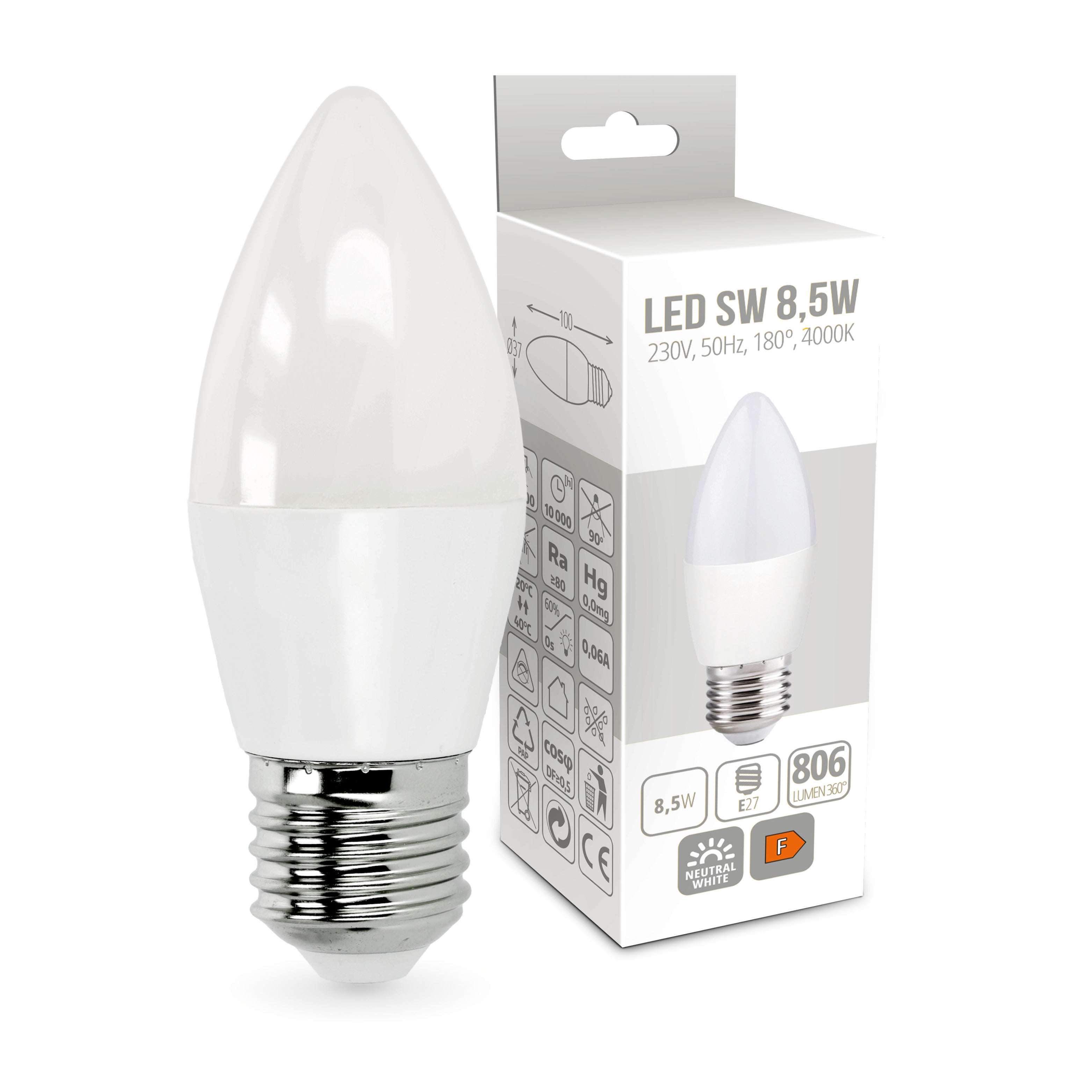 10x Żarówka świeczka LED SW 8,5W E27 Barwa Neutralna 180 stopni 4000K