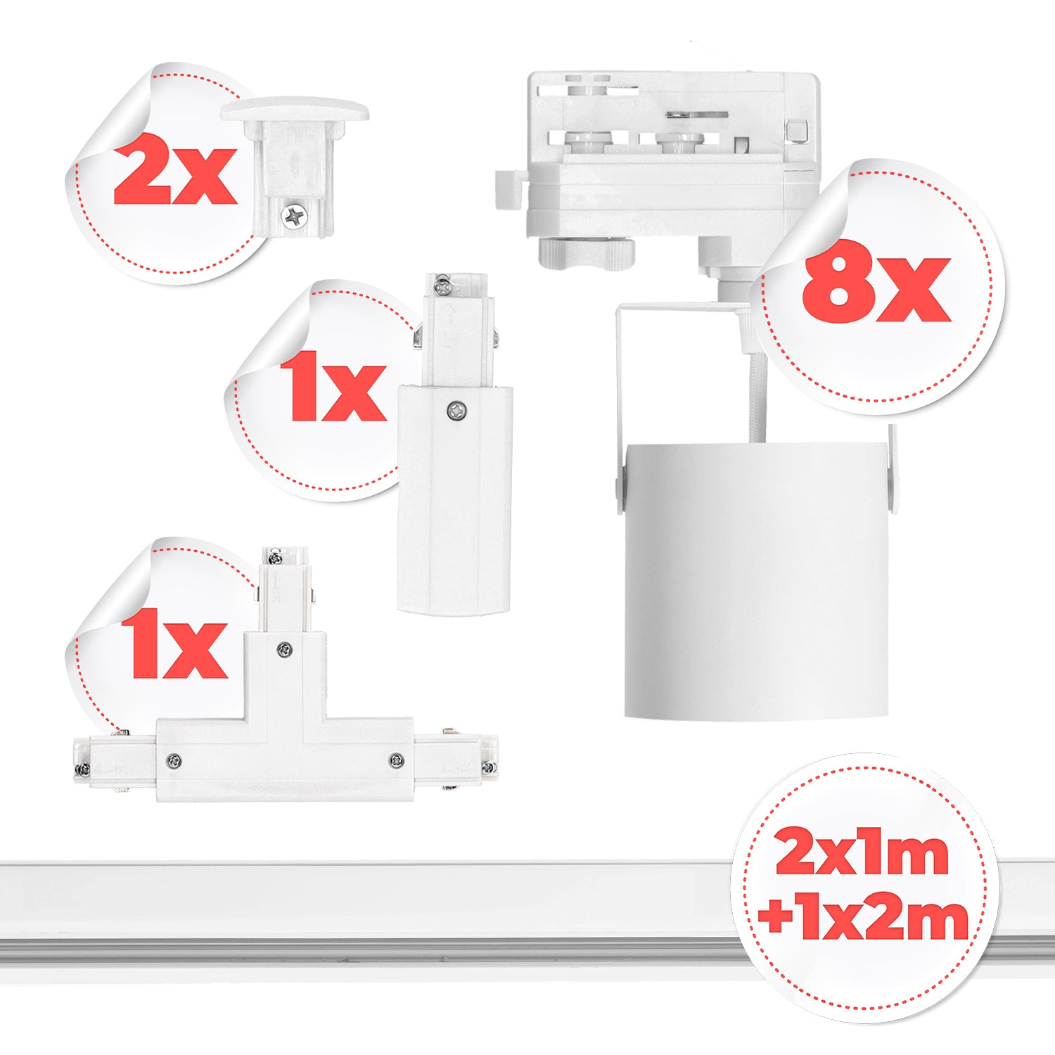 Zestaw Szynowy Biały 3 fazowy 8x Reflektor + Szyna 1m+1m+2m + Łącznik T