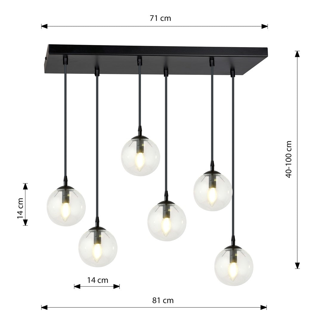 Lampa wisząca COSMO 6 BL TRANSPARENT loft, klosze, czarna