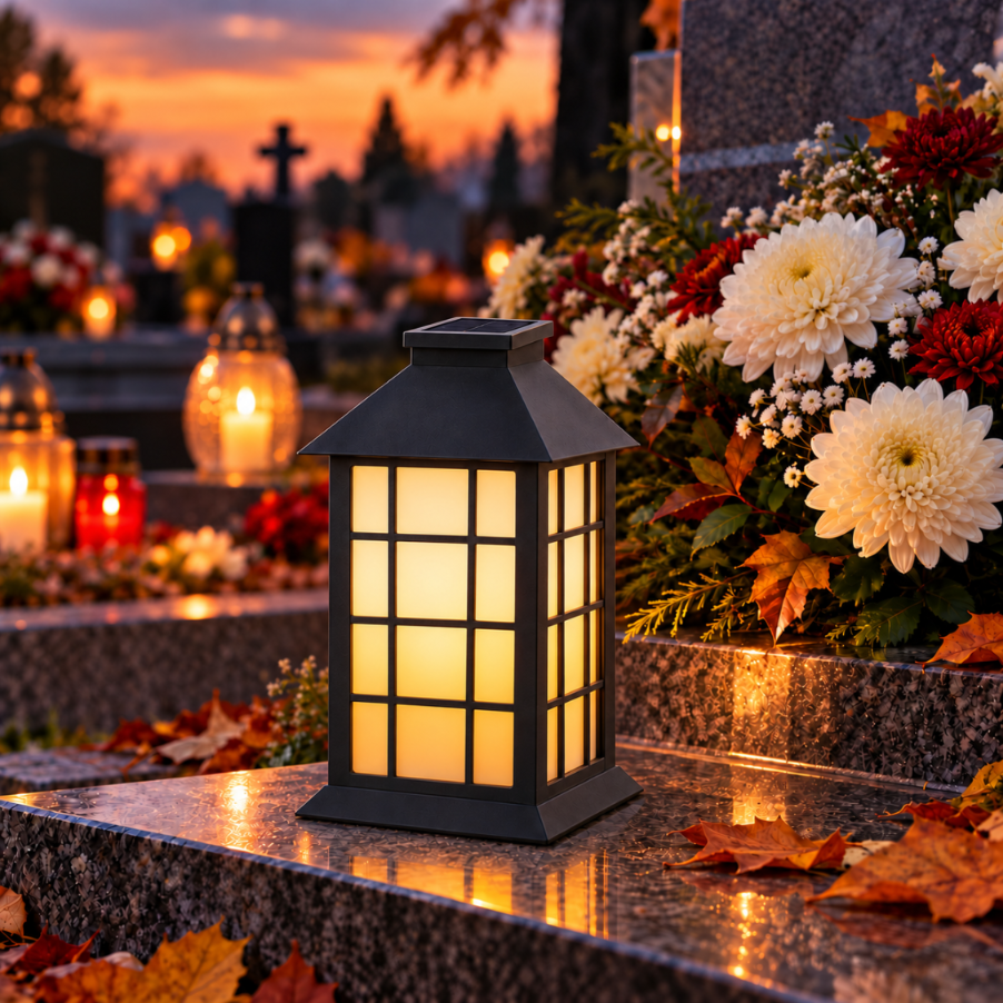 Znicz solarny LED na cmentarz czarny lampion 27 cm 1600K IP44