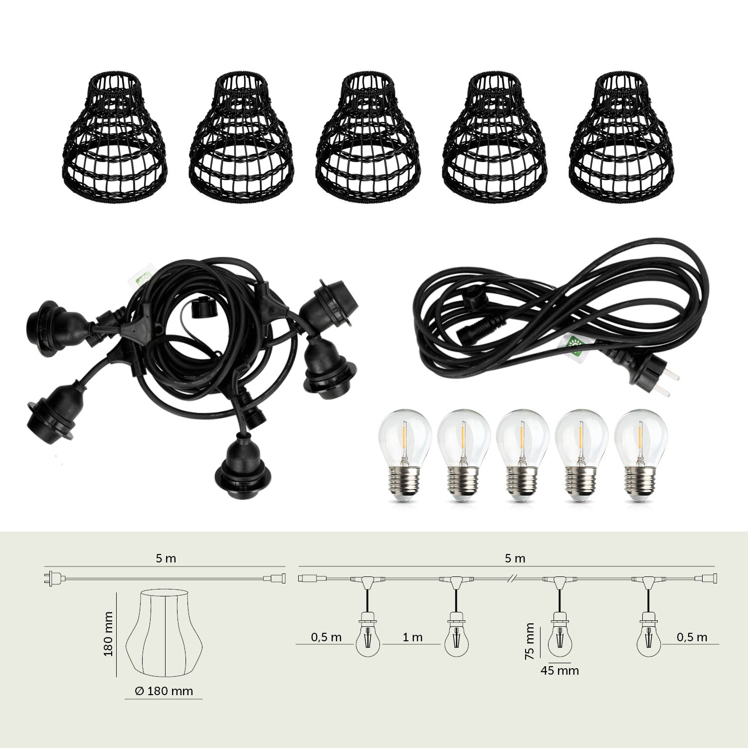 ZESTAW CRETE Girlanda ogrodowa 5m + kabel 5m + 5x klosz czarny R2 + żarówki