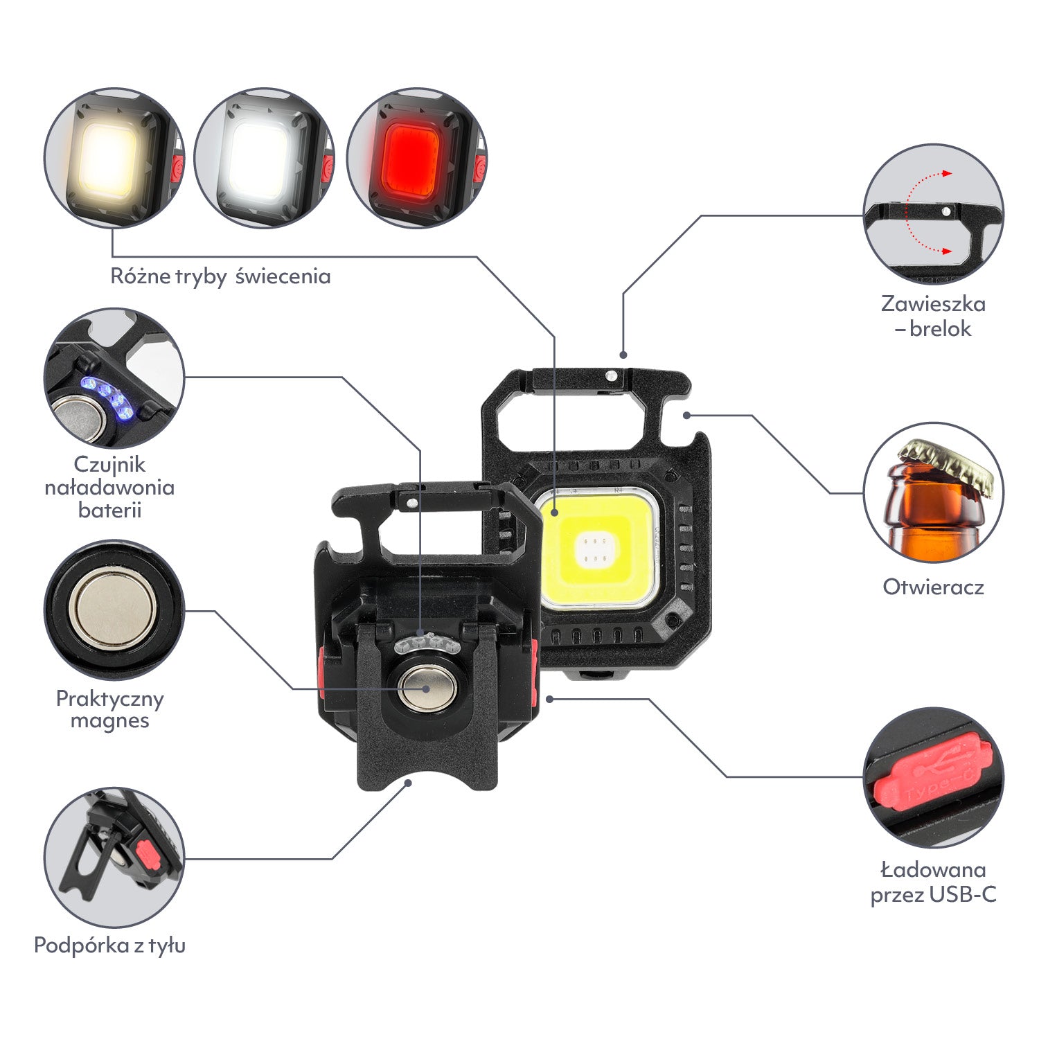 Mini latarka LED 7 Trybów wielofunkcyjna KIESZONKOWA podręczna USB-C brelok