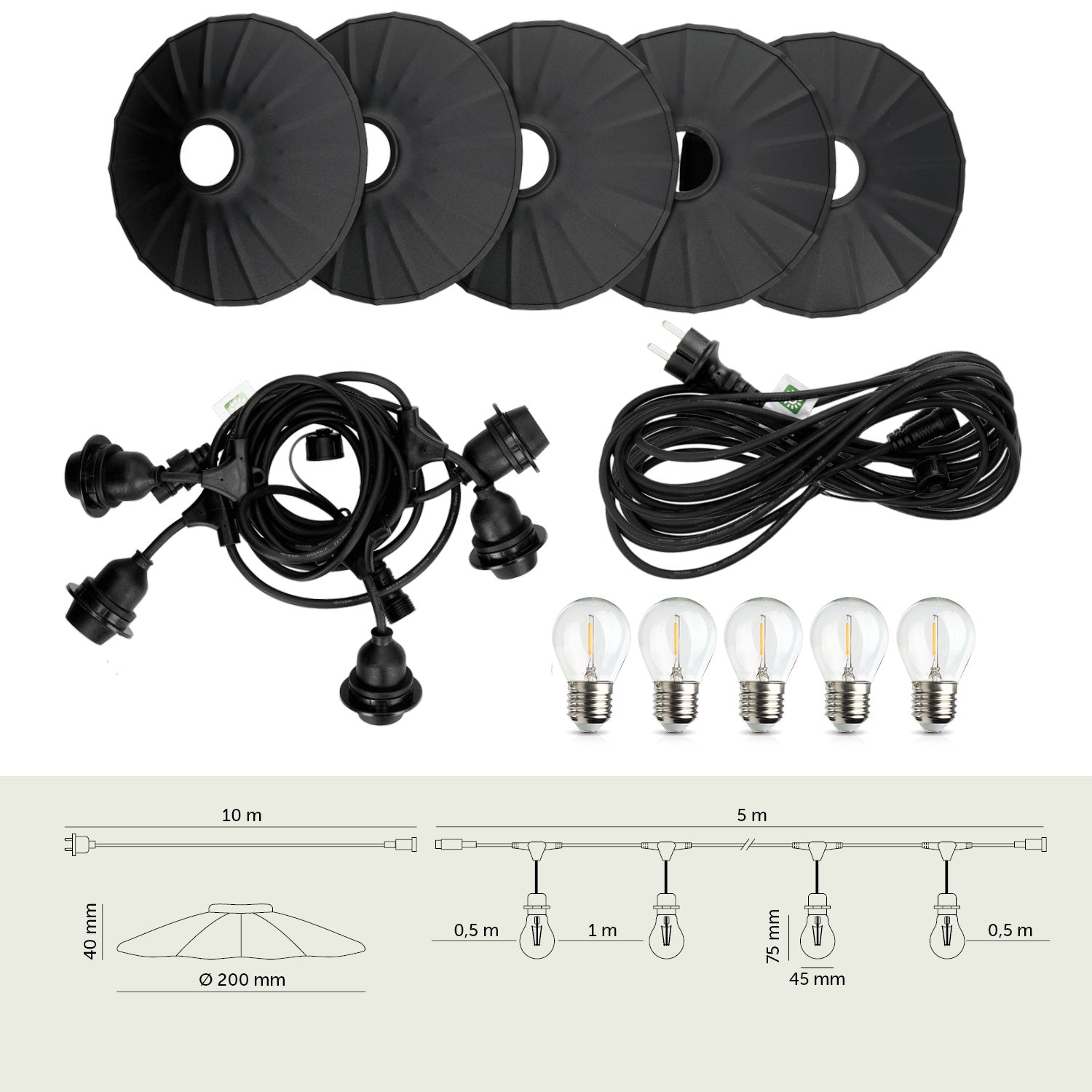 ZESTAW CRETE Girlanda ogrodowa 5m + kabel 10m + 5x klosz czarny M1 + żarówki