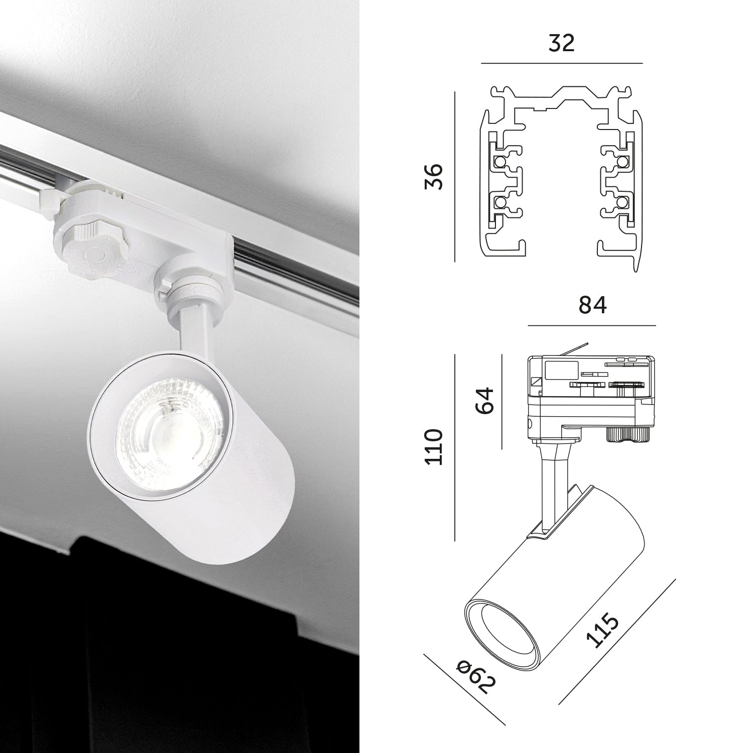 Zestaw szynowy 3 fazowy szyna 1m+2m, I zew., 5x Lampa, 2x zaślepka BIAŁY