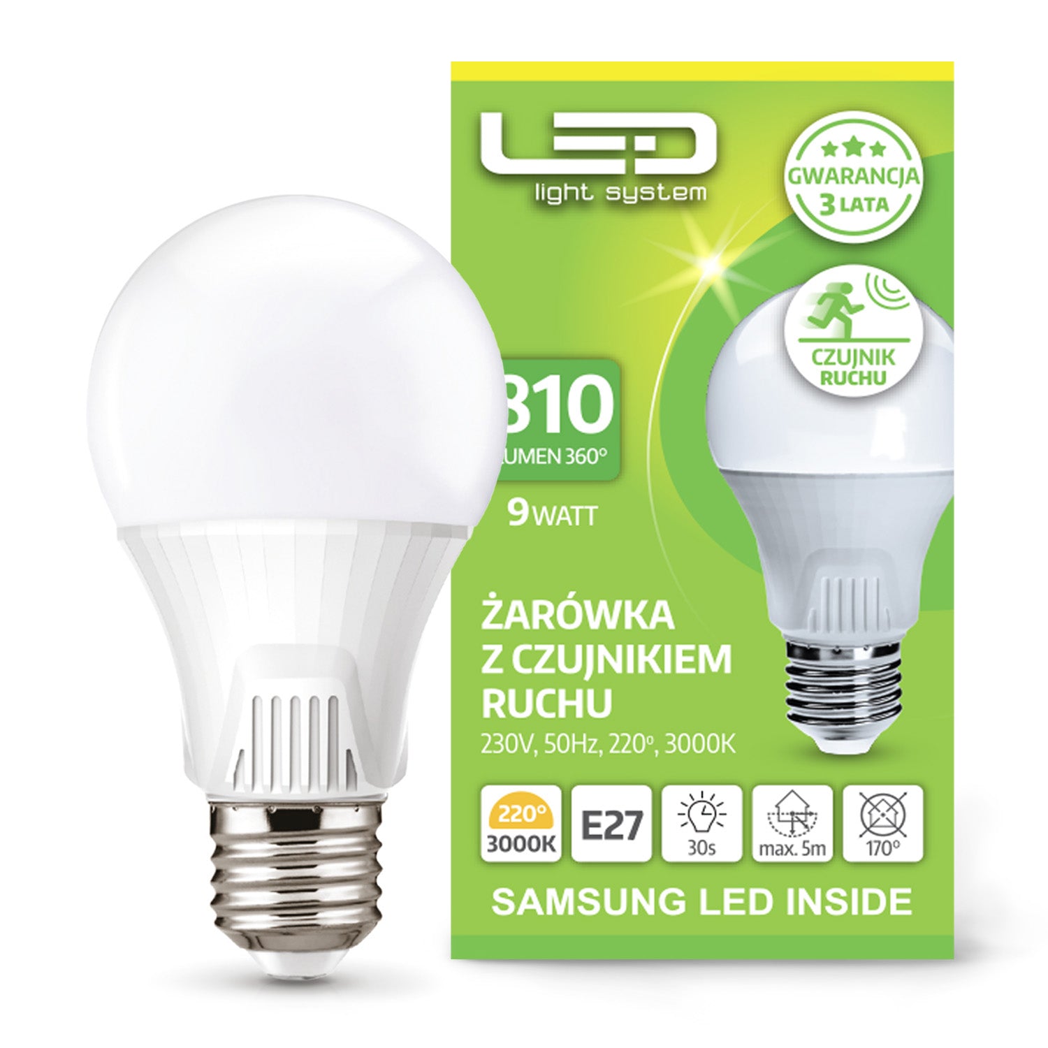 Żarówka LED E27 9W z Czujnikiem Ruchu i Zmierzchu BARWA CIEPŁA BIAŁA