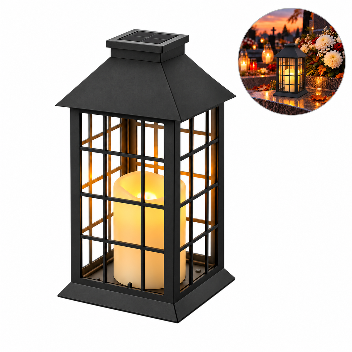 Znicz solarny LED na cmentarz czarny lampion 2700K IP44