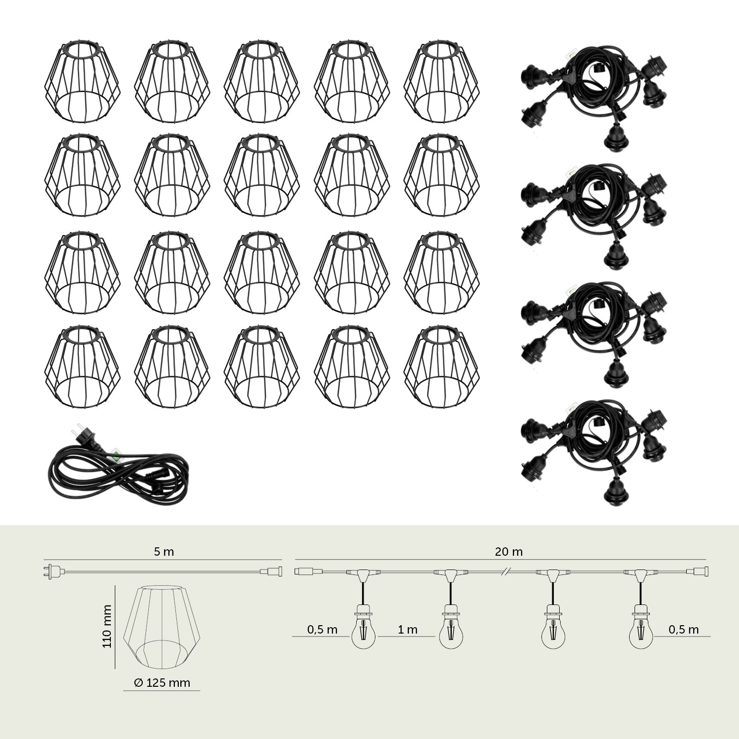 ZESTAW CRETE Girlanda ogrodowa 20m + kabel 5m + 20x klosz czarny D1