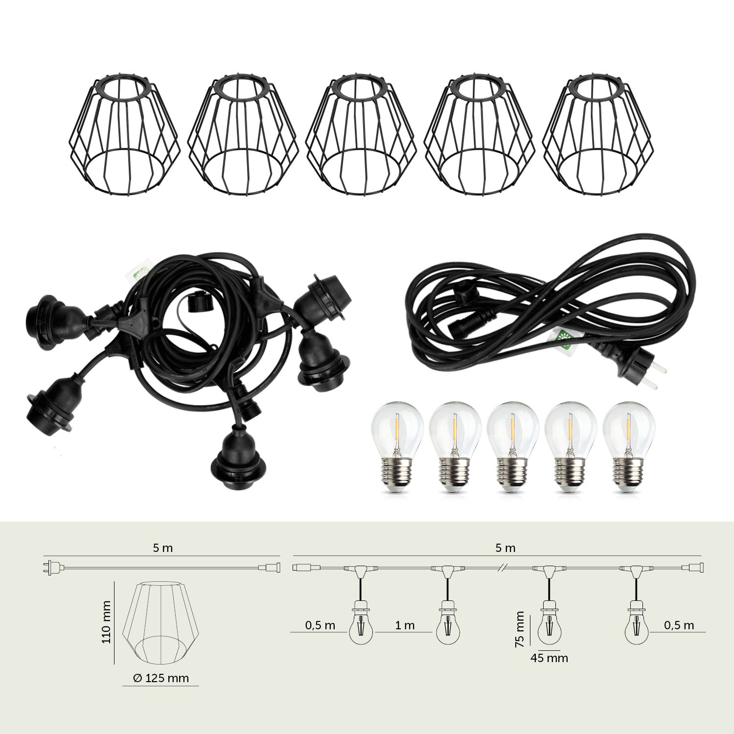 ZESTAW CRETE Girlanda ogrodowa 5m + kabel 5m + 5x klosz czarny D1 + żarówki