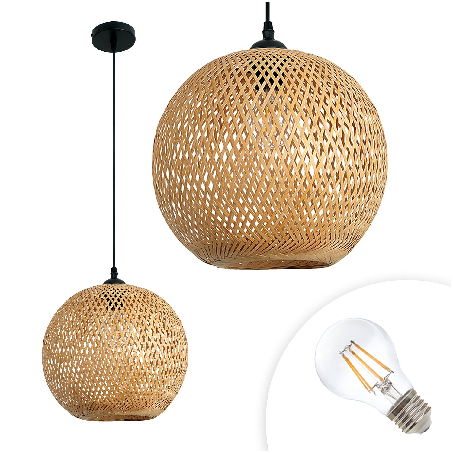 Zestaw Lampa Wisząca Boho ABAŻUR Bambusowy + Żarówka 7W E27 Barwa Ciepła