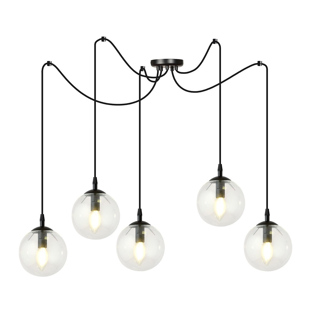 Lampa wisząca GIGI 5 BL TRANSPARENT pająk, klosze, czarna