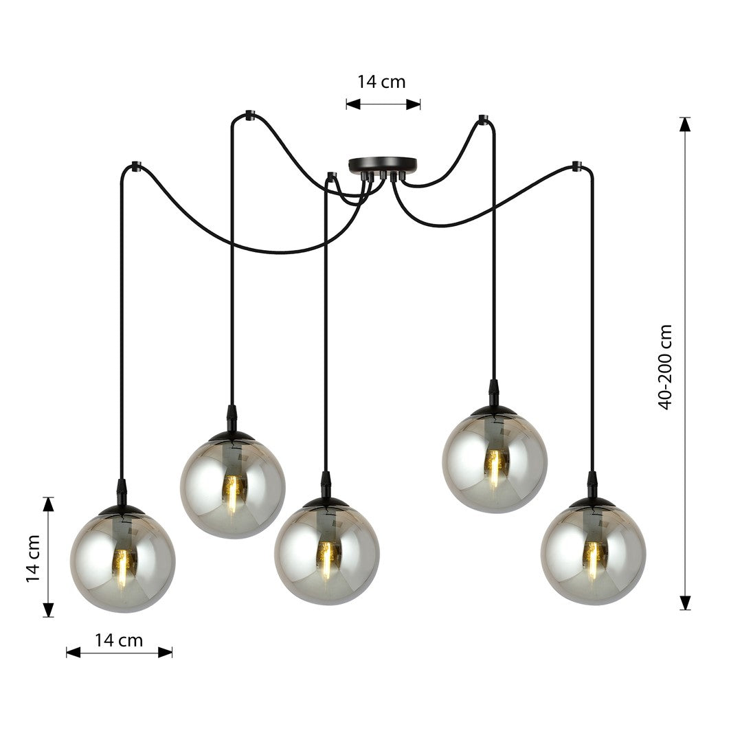 Lampa wisząca GIGI 5 BL GRAFIT pająk, klosze grafit, czarna