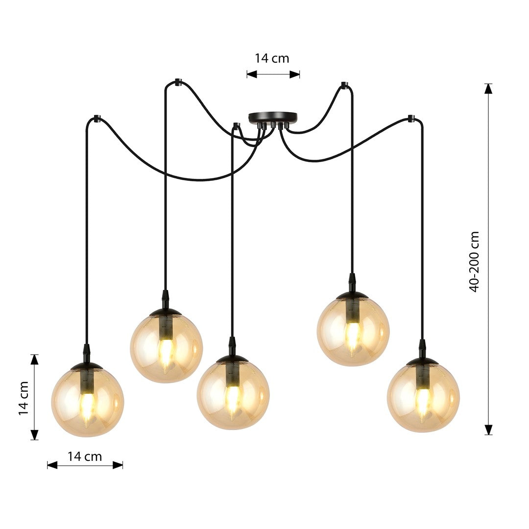 Lampa wisząca GIGI 5 BL MIODOWY pająk klosz bursztyn czarna