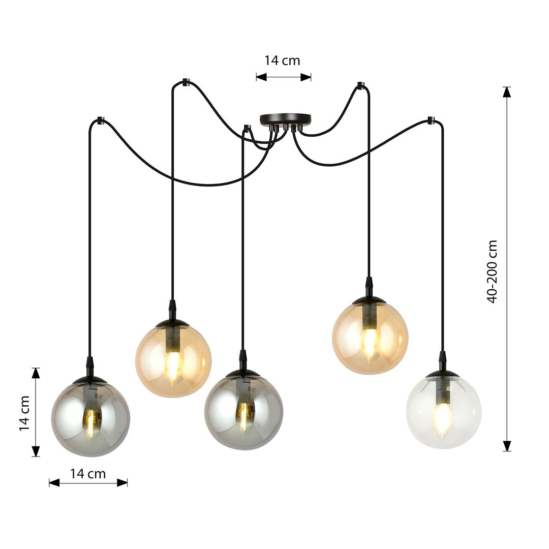 Lampa wisząca GIGI 5 BL MIX pająk, klosze kolor mix, czarna