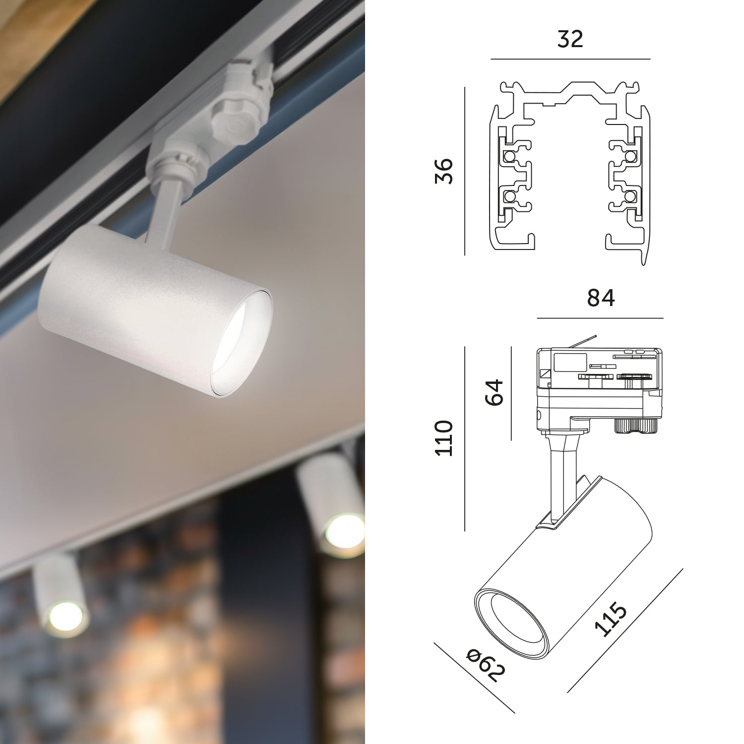 Zestaw szynowy 3 fazowy szyna 2m+2m, L prawy, 8x Lampa, 2x zaślepka BIAŁY