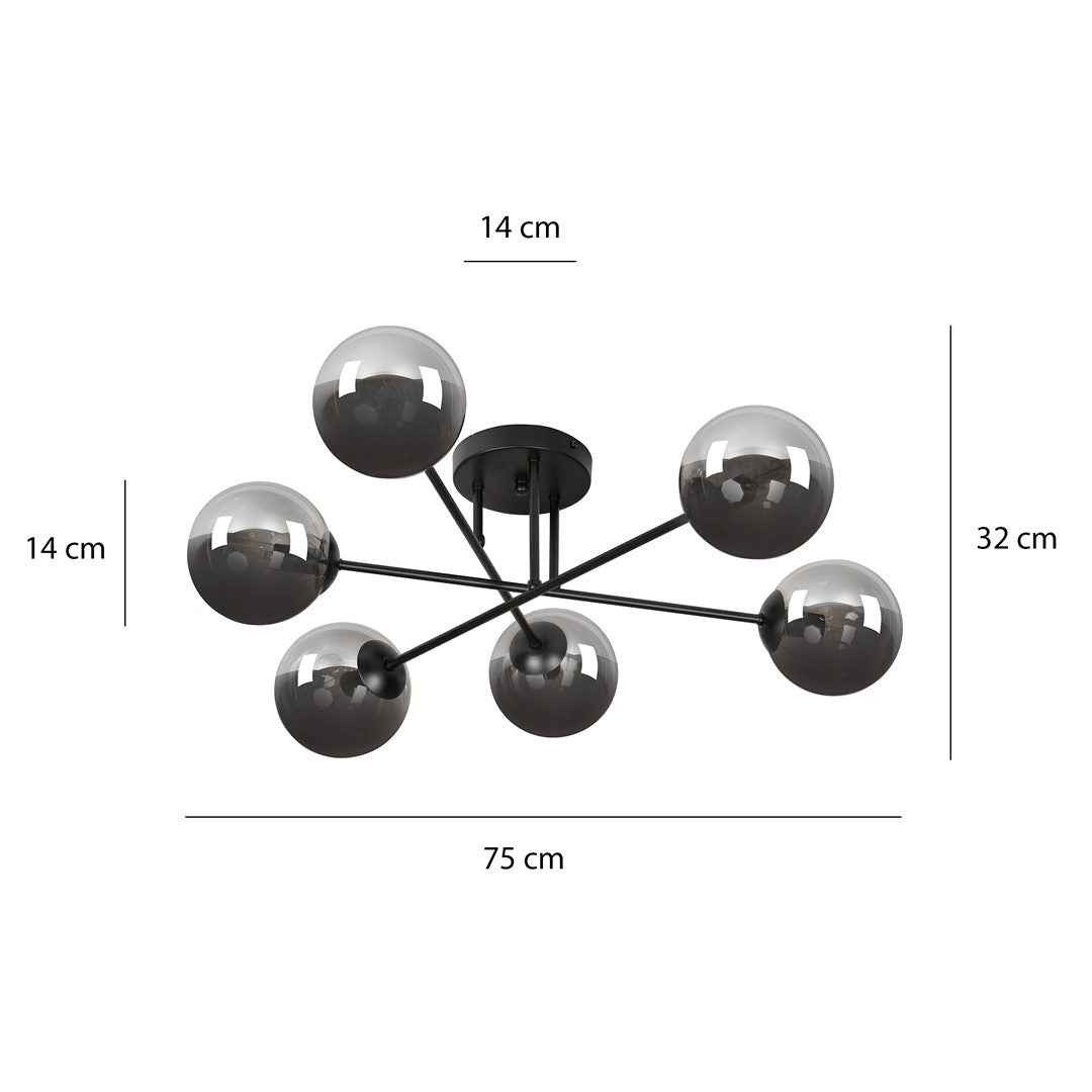 Lampa sufitowa NICEA plafon 6 punktów światła SZKLANY KLOSZ grafitowy 6xE14