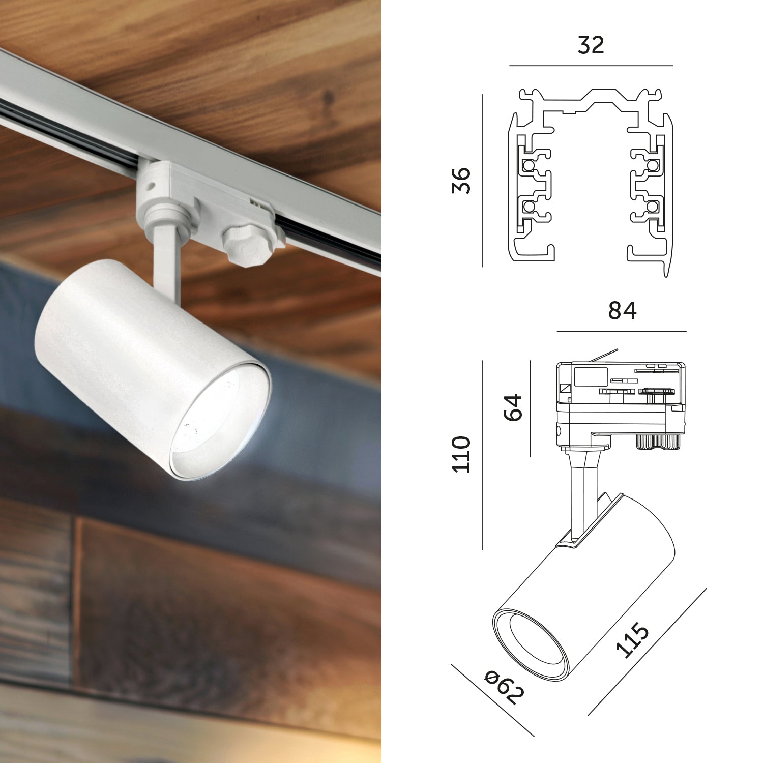 Zestaw szynowy 3 fazowy szyna 2m+2m, L prawy, 6x Lampa, 2x zaślepka BIAŁY