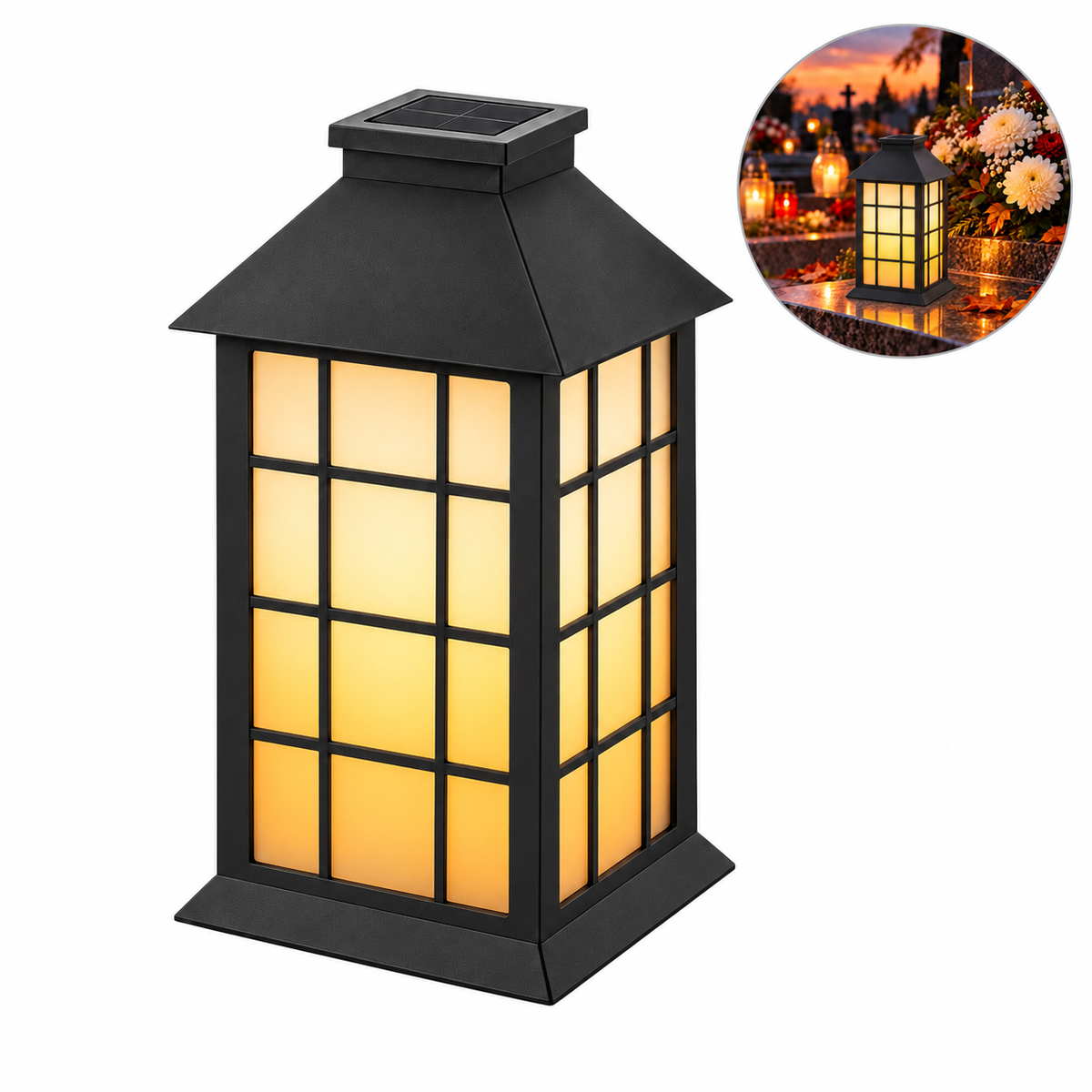 Znicz solarny LED na cmentarz czarny lampion 27 cm 1600K IP44