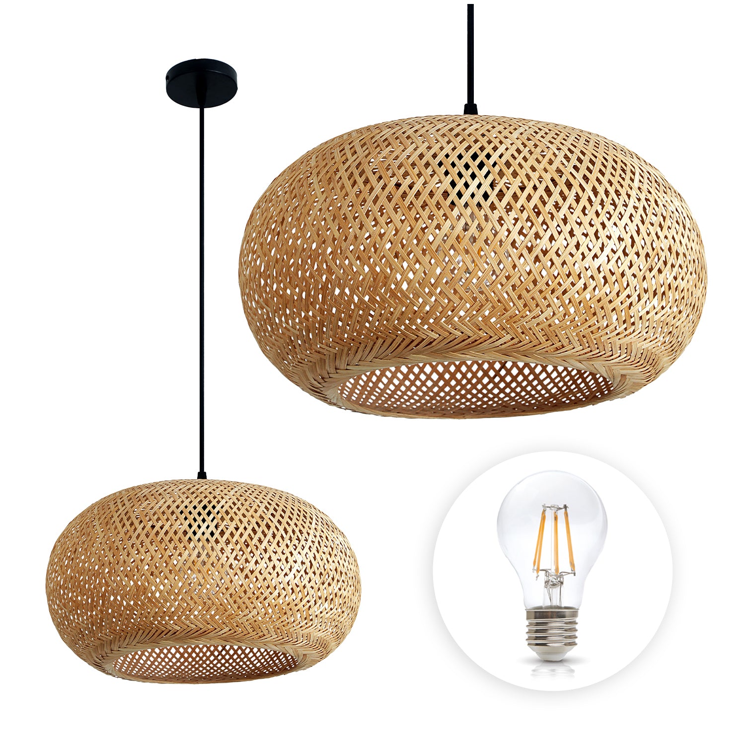 Zestaw Lampa Wisząca Pleciona BAMBUSOWA Boho + Żarówka 7W E27 Barwa Ciepła