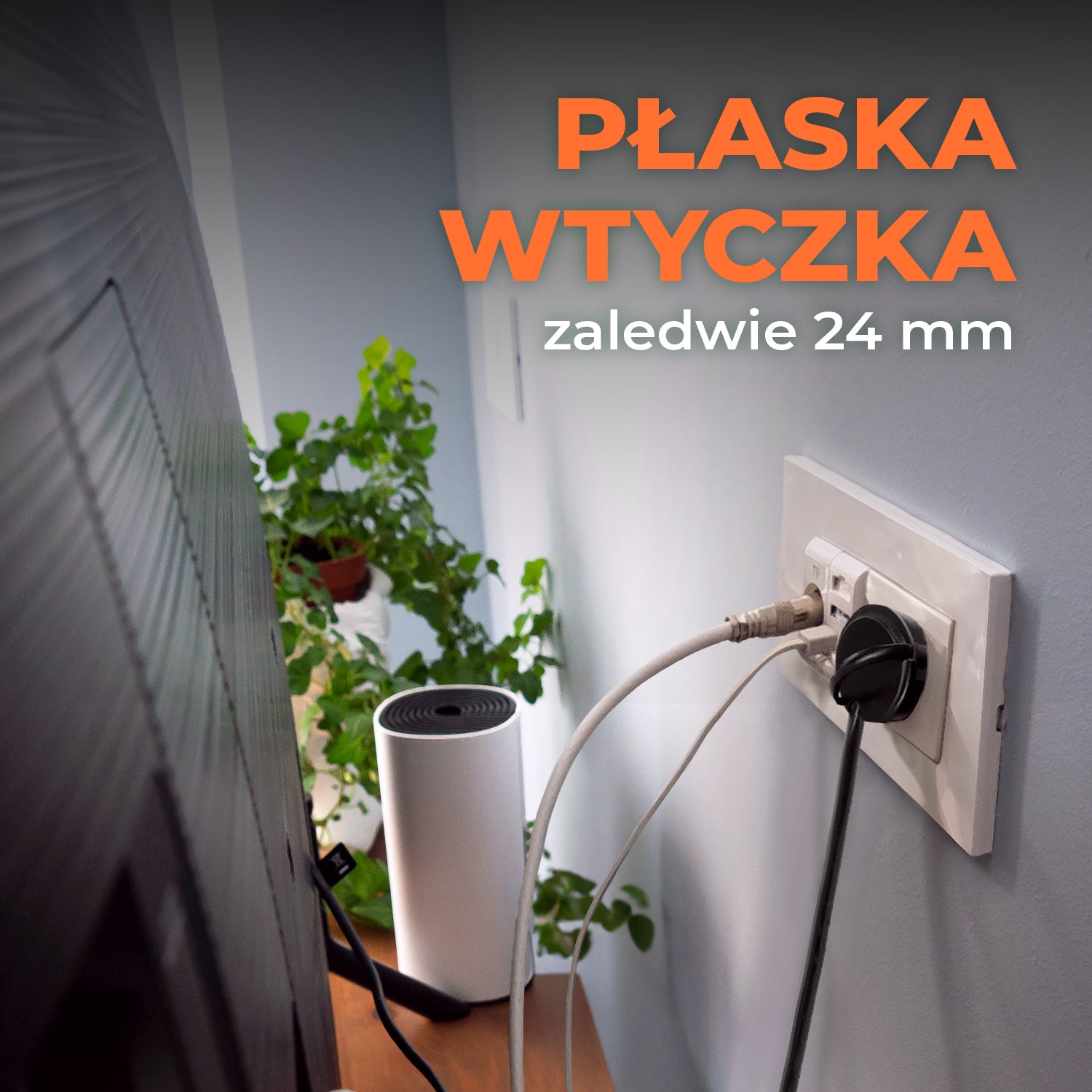 Przedłużacz z PŁASKĄ WTYCZKĄ 2 gniazda 1,4m Czarny Listwa z Uziem. + 2x USB