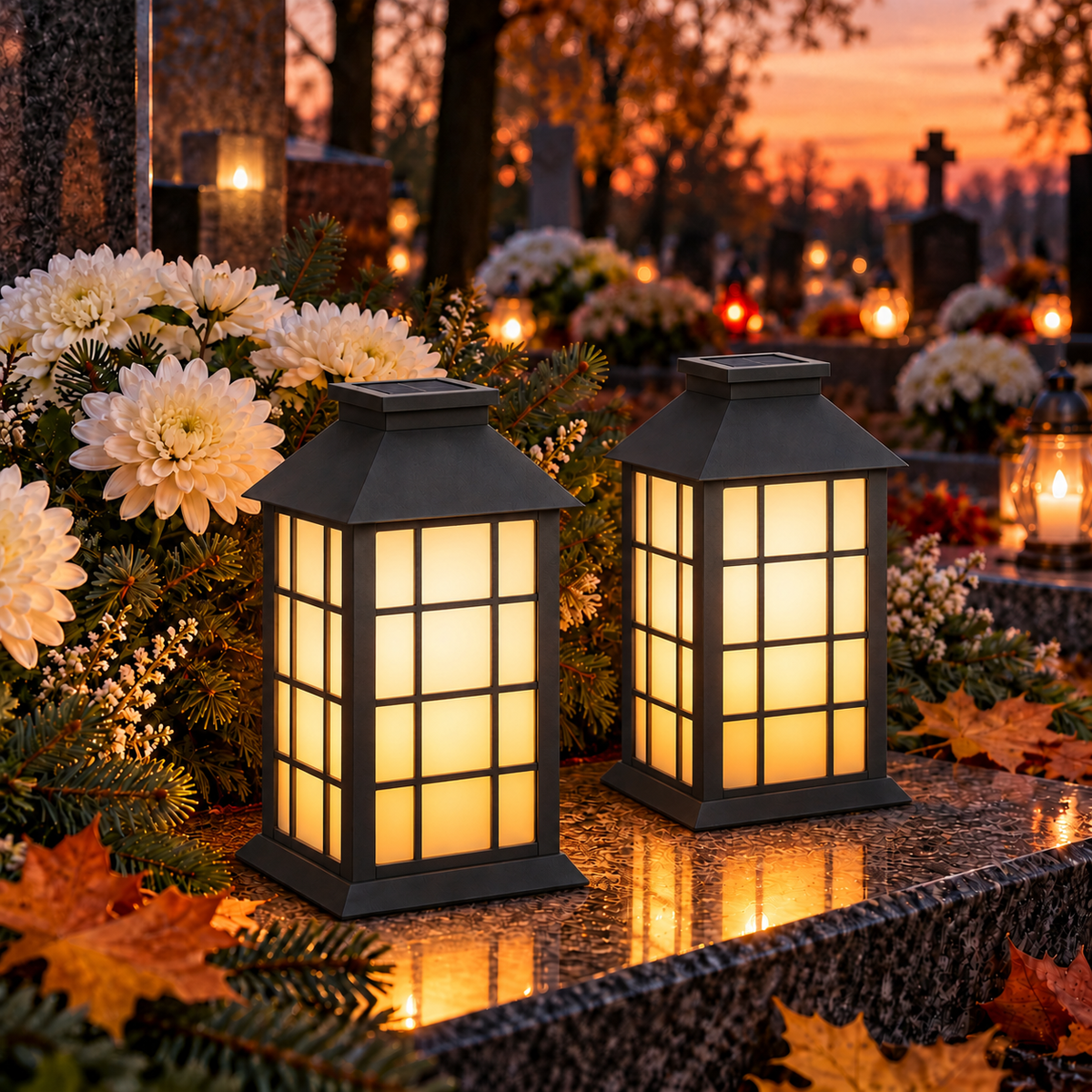 2x Znicz solarny LED na cmentarz czarne lampiony 27 cm 1600K IP44