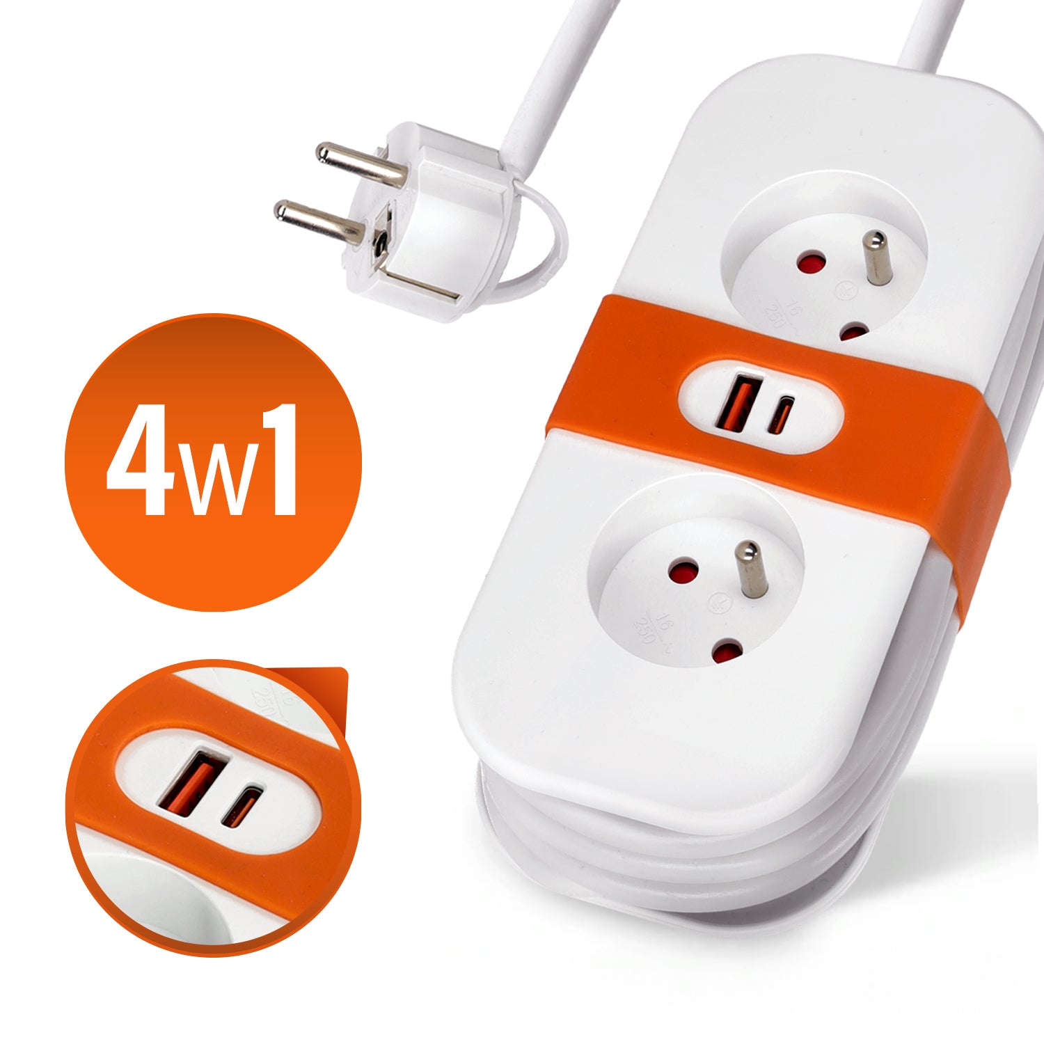 Przedłużacz z PŁASKĄ WTYCZKĄ 2 gniazda 1,4m Biały Listwa z Uziem. + 2x USB