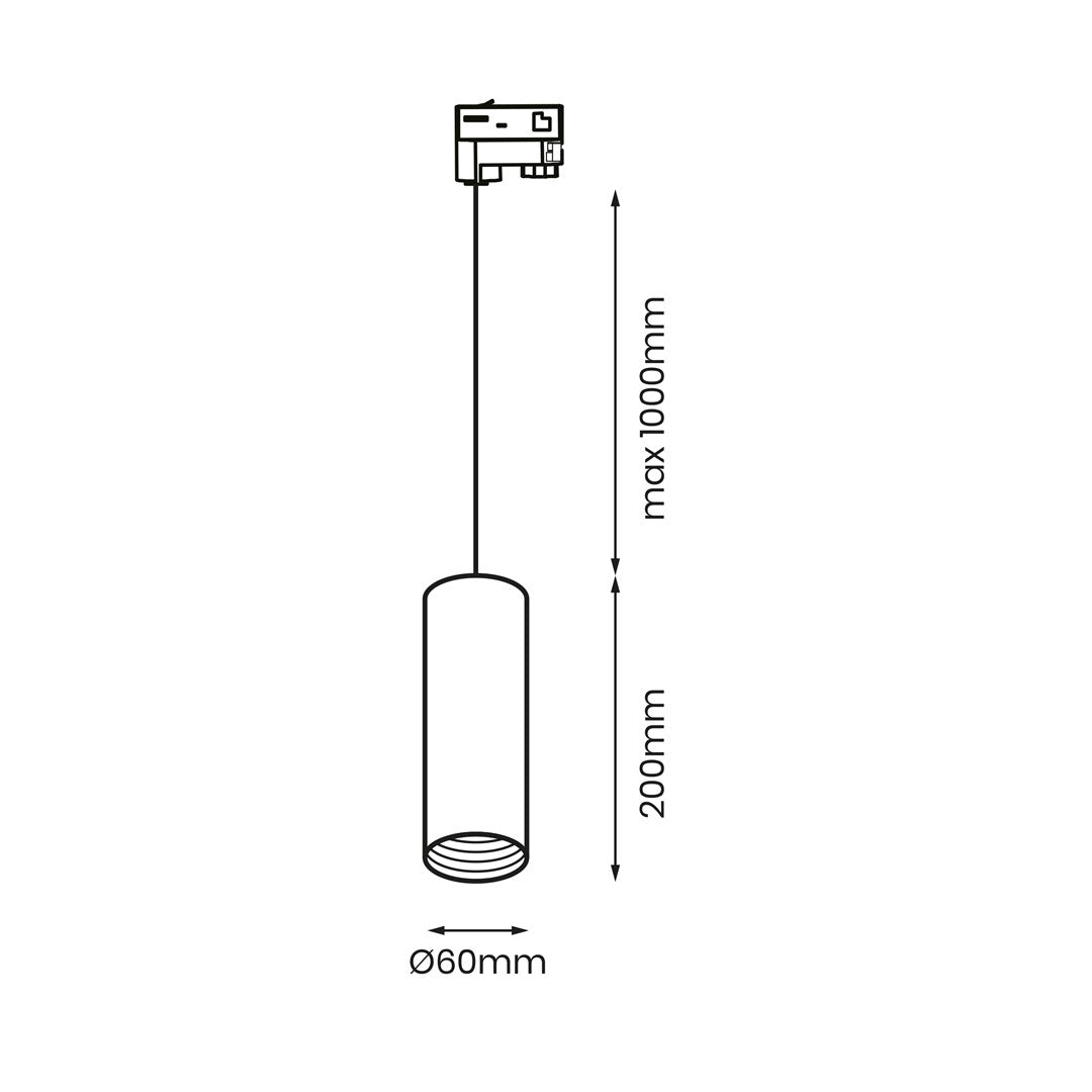 Zestaw szynowy 3 fazowy szyna 1m+2m, 5x Lampa wisząca, łącznik L CZARNY