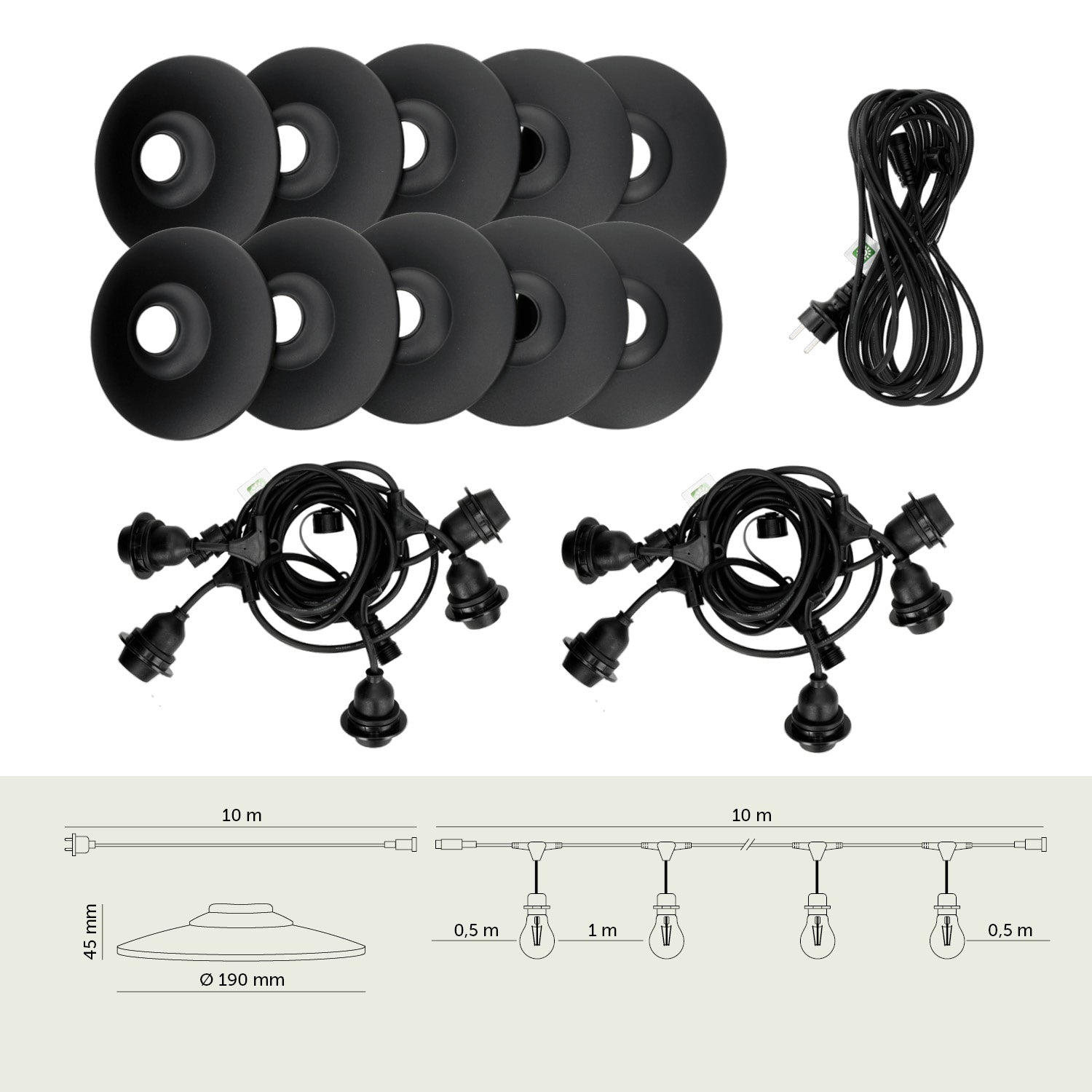 ZESTAW CRETE 2x Girlanda ogrodowa 5m + kabel 10m + 10x klosz czarny M2