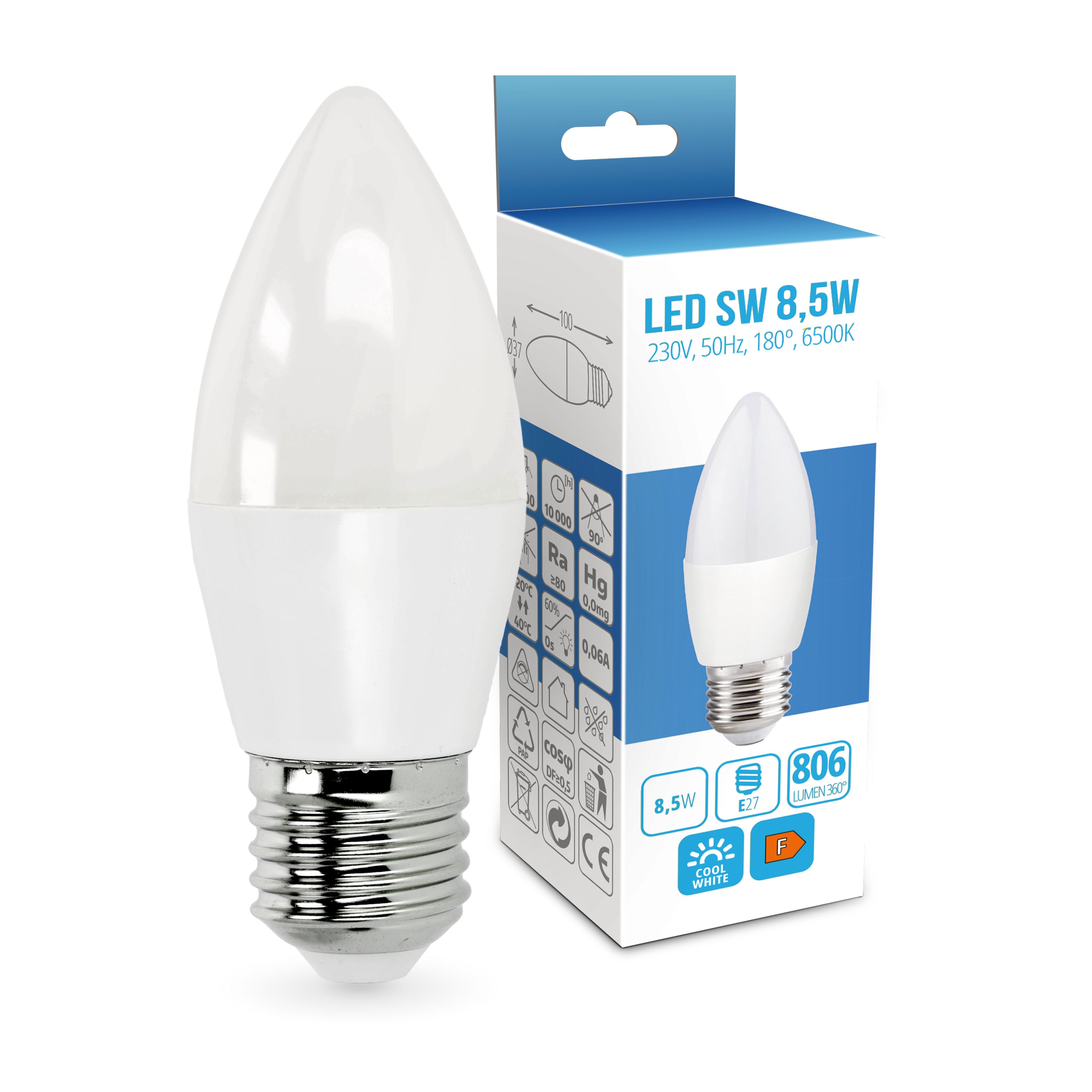 10x Żarówka świeczka LED SW 8,5W E27 Barwa Biała Zimna 180 stopni 6500K