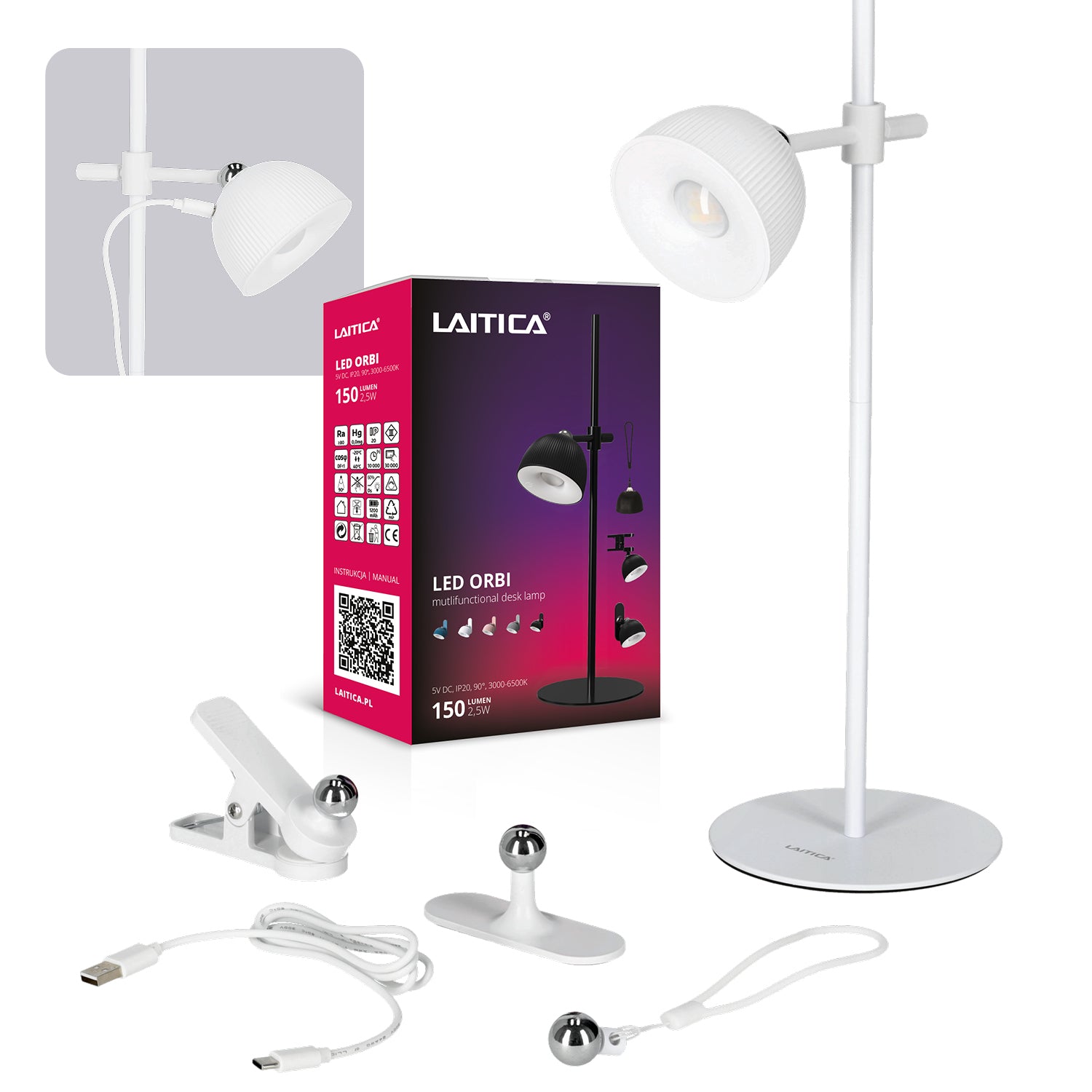 Lampka LED ORBI 2,5W na klik REGULACJA BARWY ŚWIATŁA USB 4w1 BIAŁA