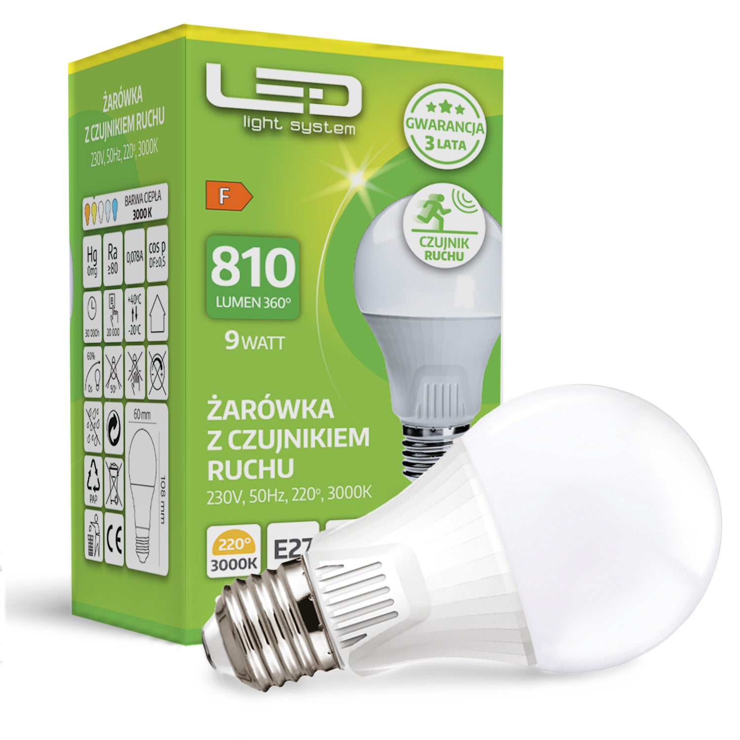 Żarówka LED E27 9W z Czujnikiem Ruchu i Zmierzchu BARWA CIEPŁA BIAŁA
