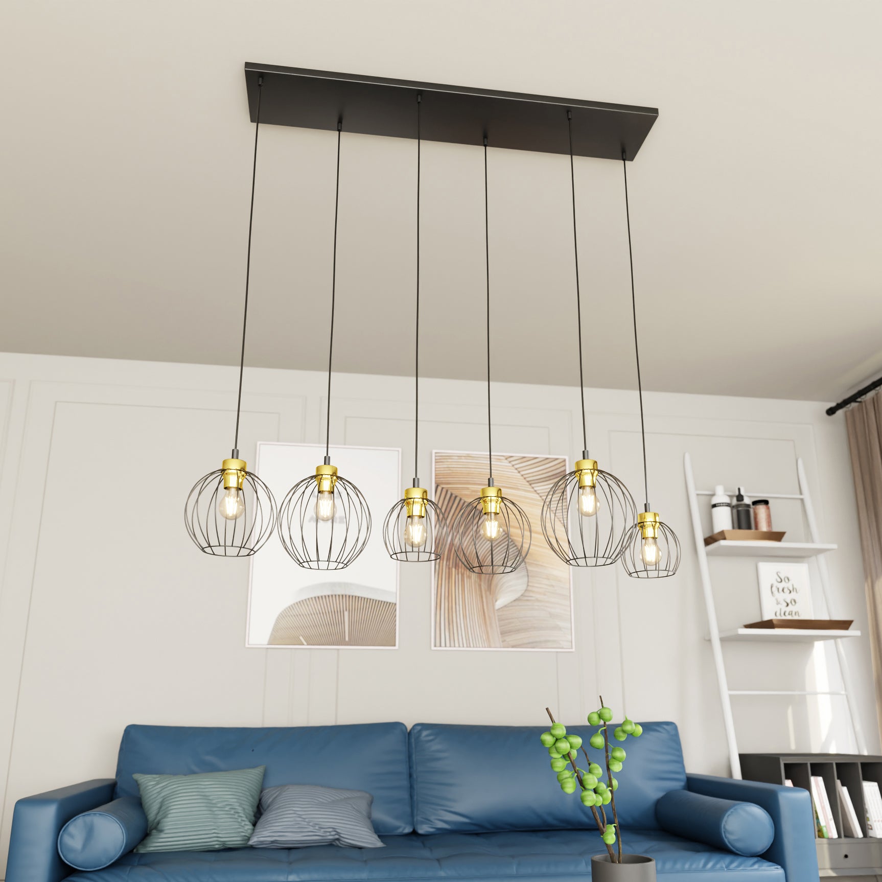 Lampa Sufitowa Wisząca DUŻA LIMA 6-punktowa E27 LOFT Czarno-Złota Do Salonu