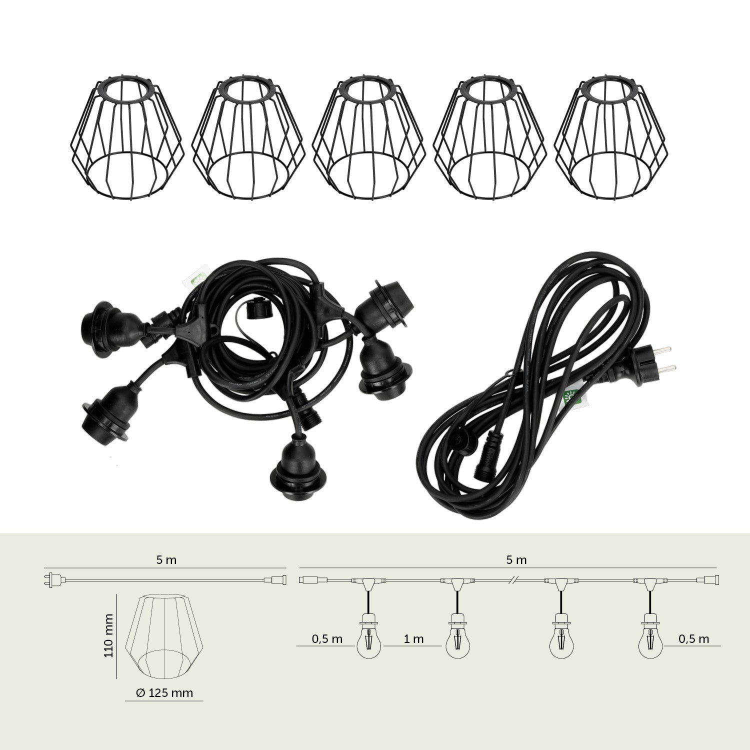 ZESTAW CRETE Girlanda ogrodowa 5m + kabel 5m + 5x klosz czarny D1